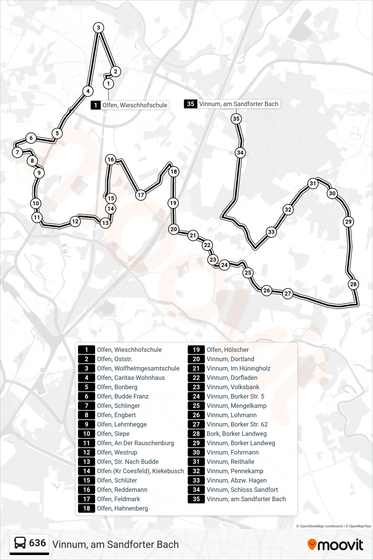 636 bus Line (Vinnum, am Sandforter Bach) route and stops on a map