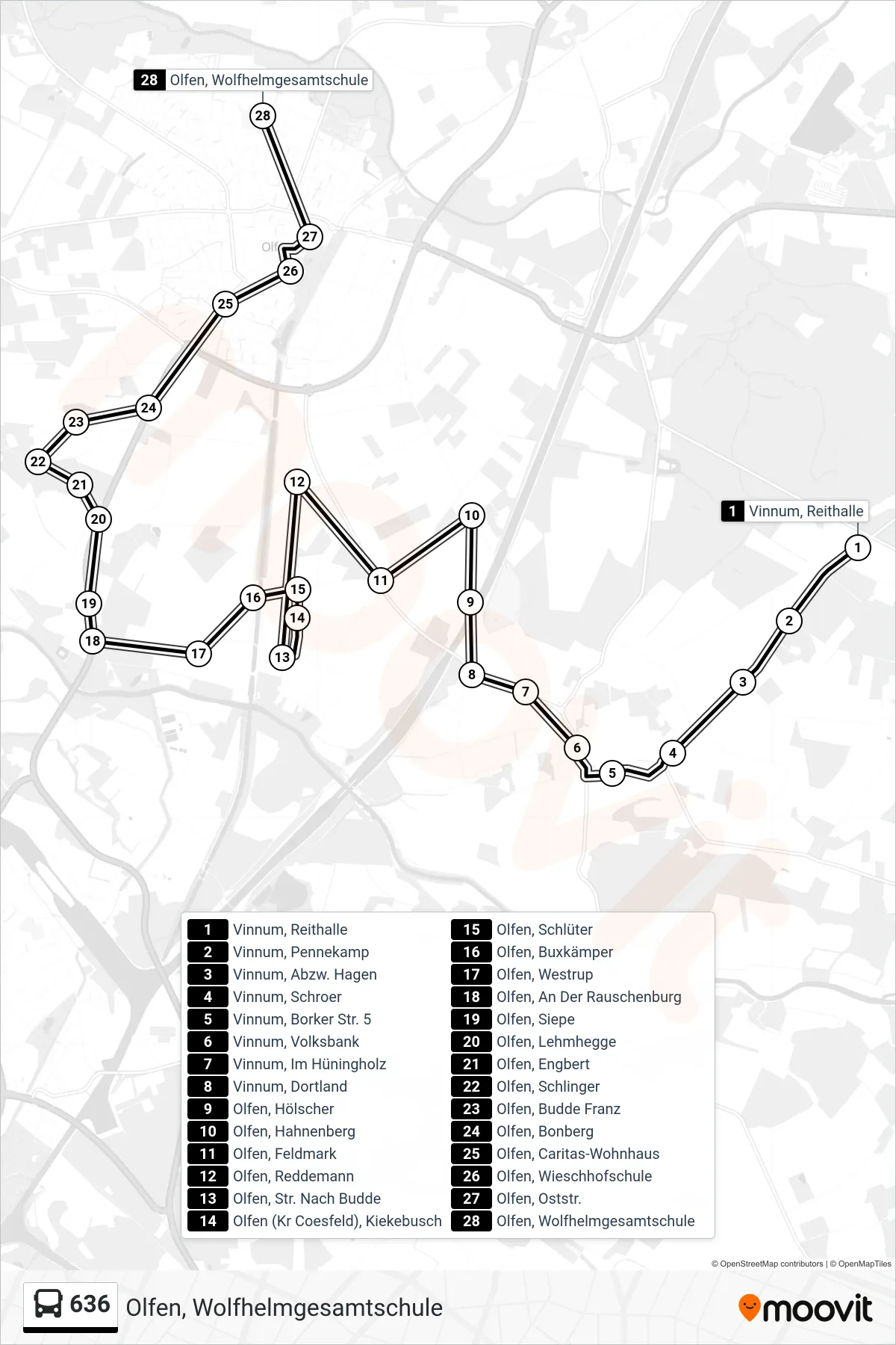 636 bus Line (Olfen, Wolfhelmgesamtschule) route and stops on a map