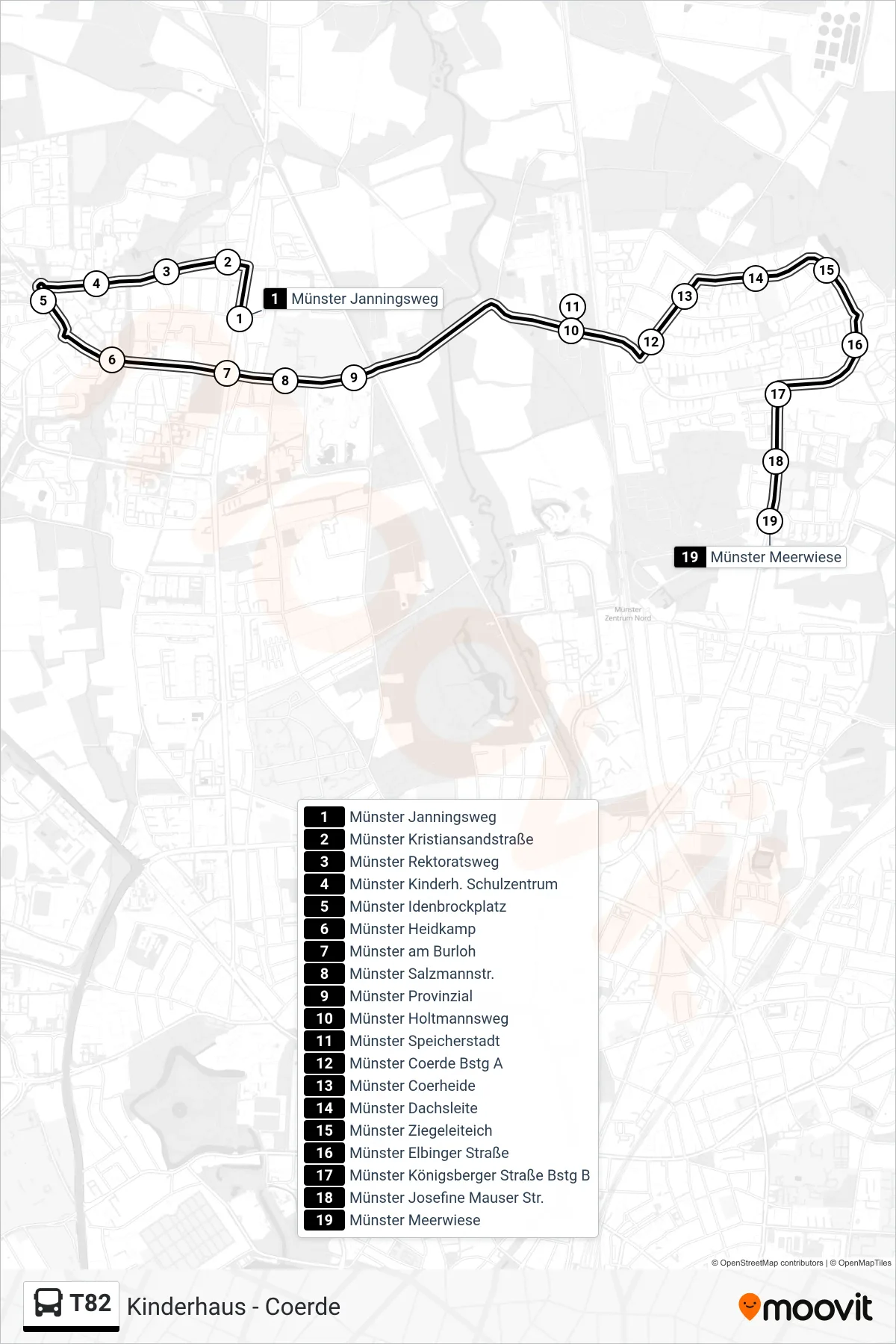 T82 bus Line (Meerwiese Begegnungszentrum) route and stops on a map