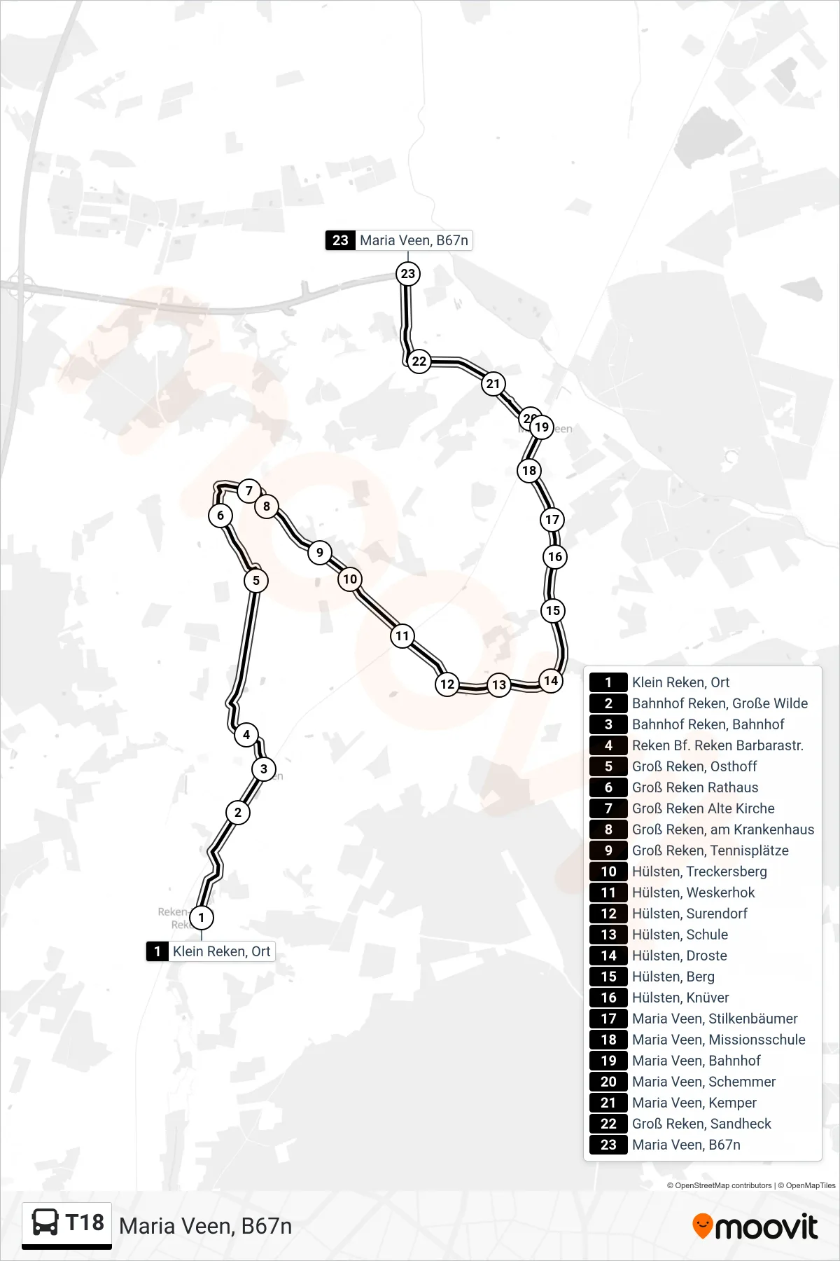 T18 bus Line (Maria Veen, B67n) route and stops on a map
