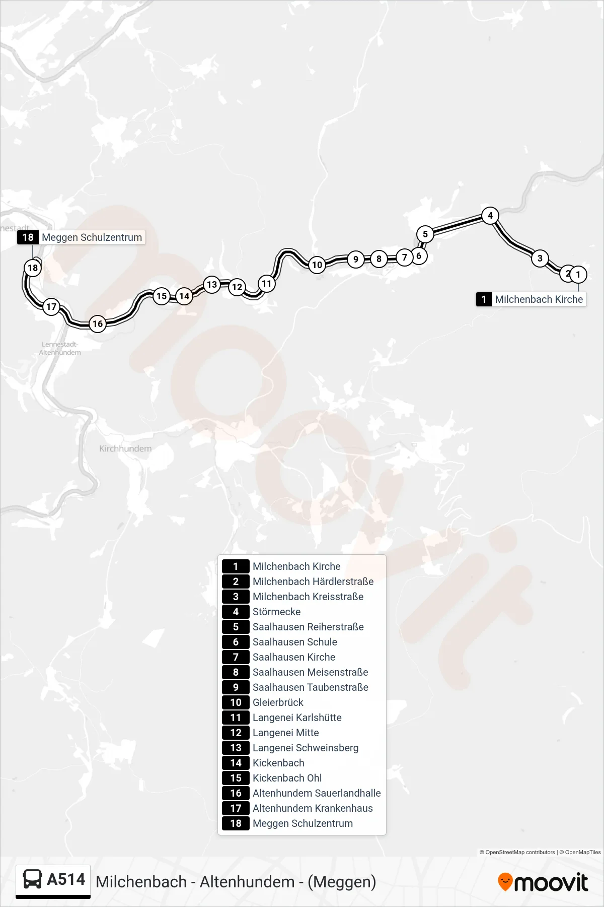 A514 bus Line (Meggen Schulzentrum) route and stops on a map