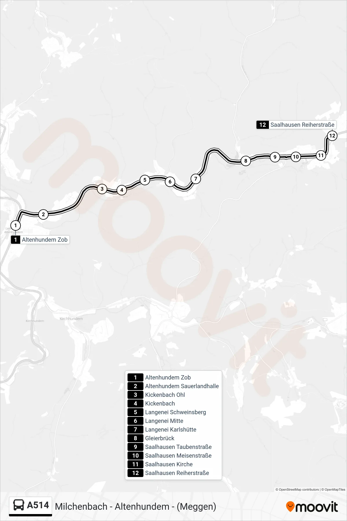 A514 bus Line (Saalhausen Reiherstraße) route and stops on a map