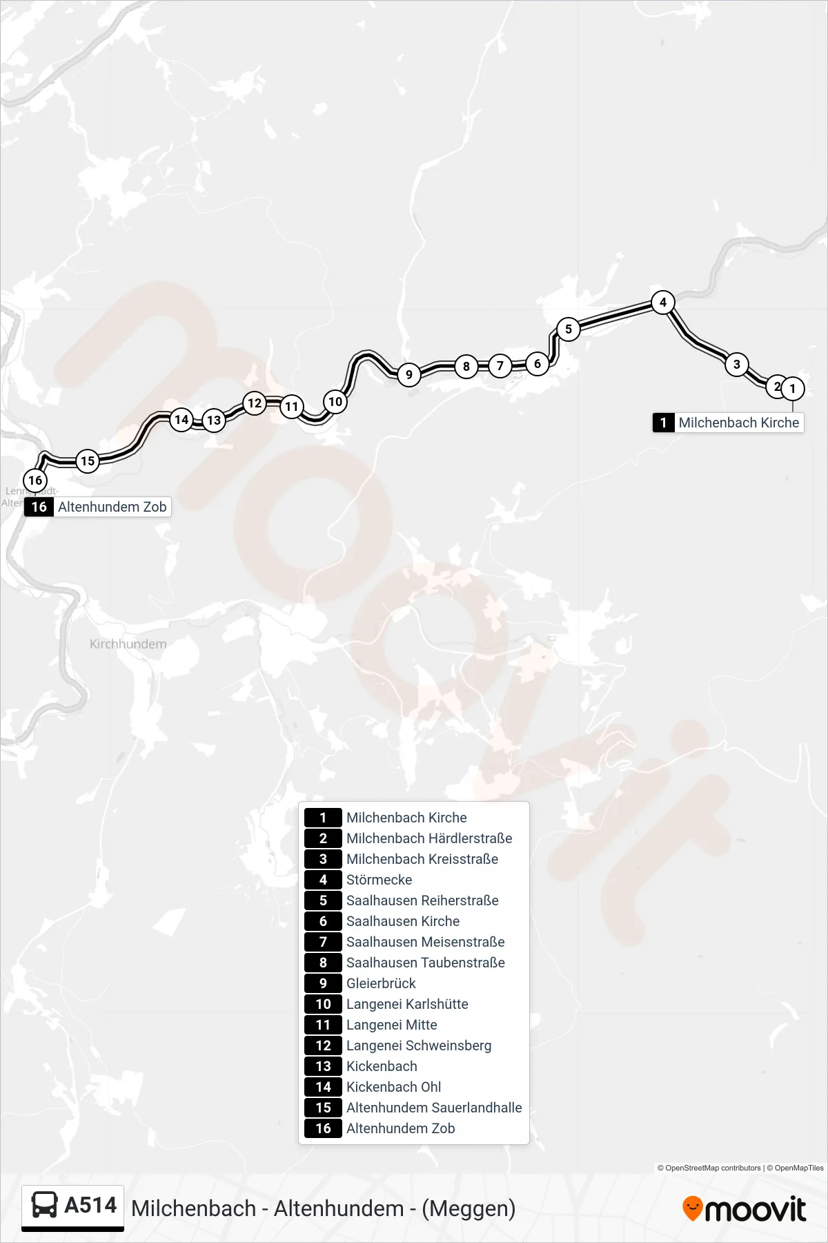 A514 bus Line (Altenhundem Zob Bstg 1a) route and stops on a map