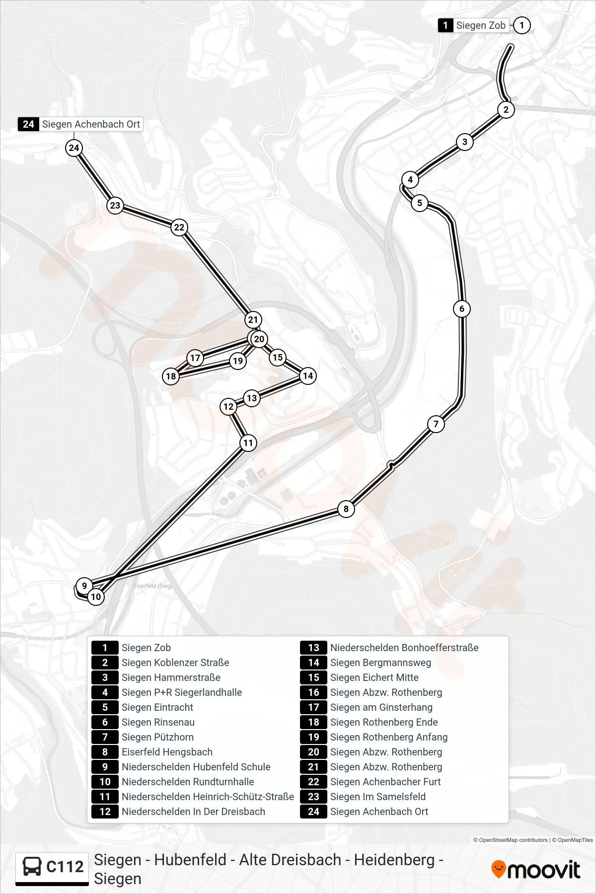 C112 bus Line (Siegen Achenbach Ort) route and stops on a map