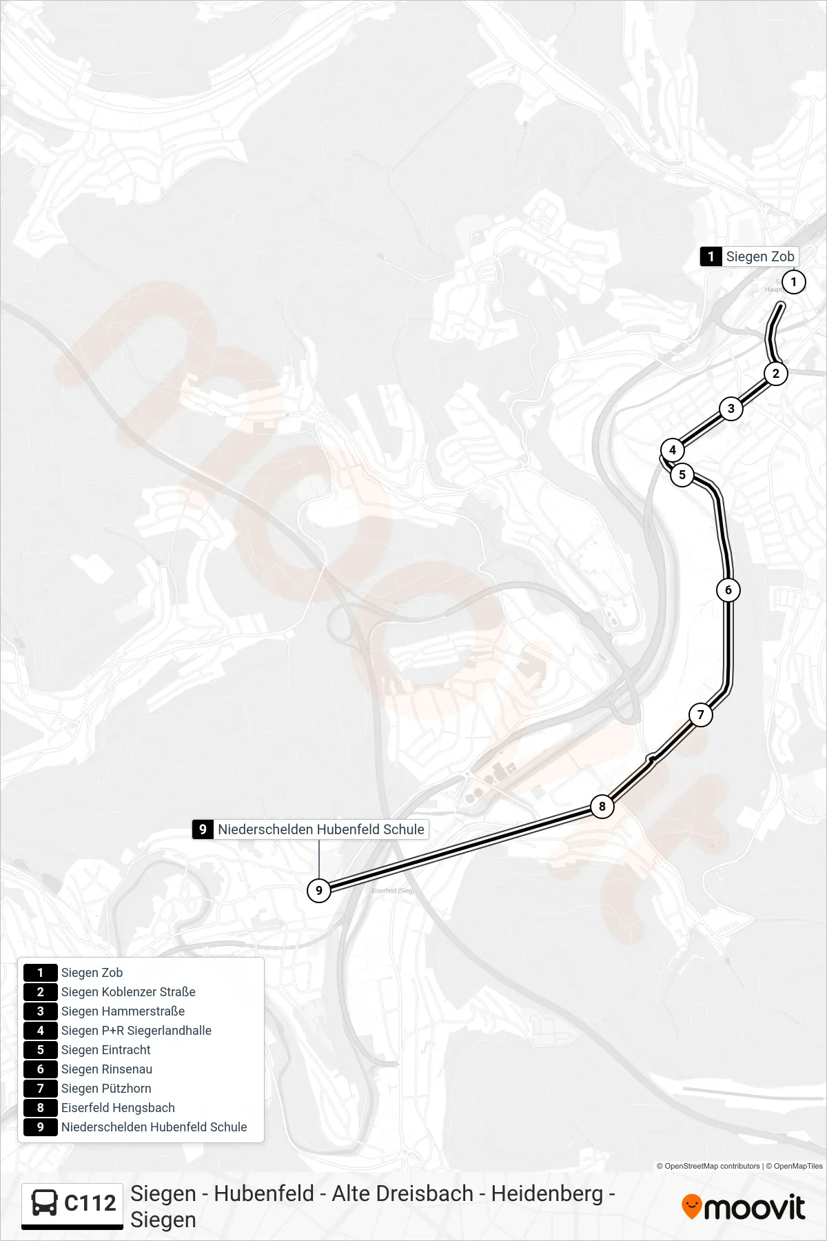 Linie C112 (Bus) Richtung Niederschelden Hubenfeld Schule: Route und Haltestellen auf der Karte
