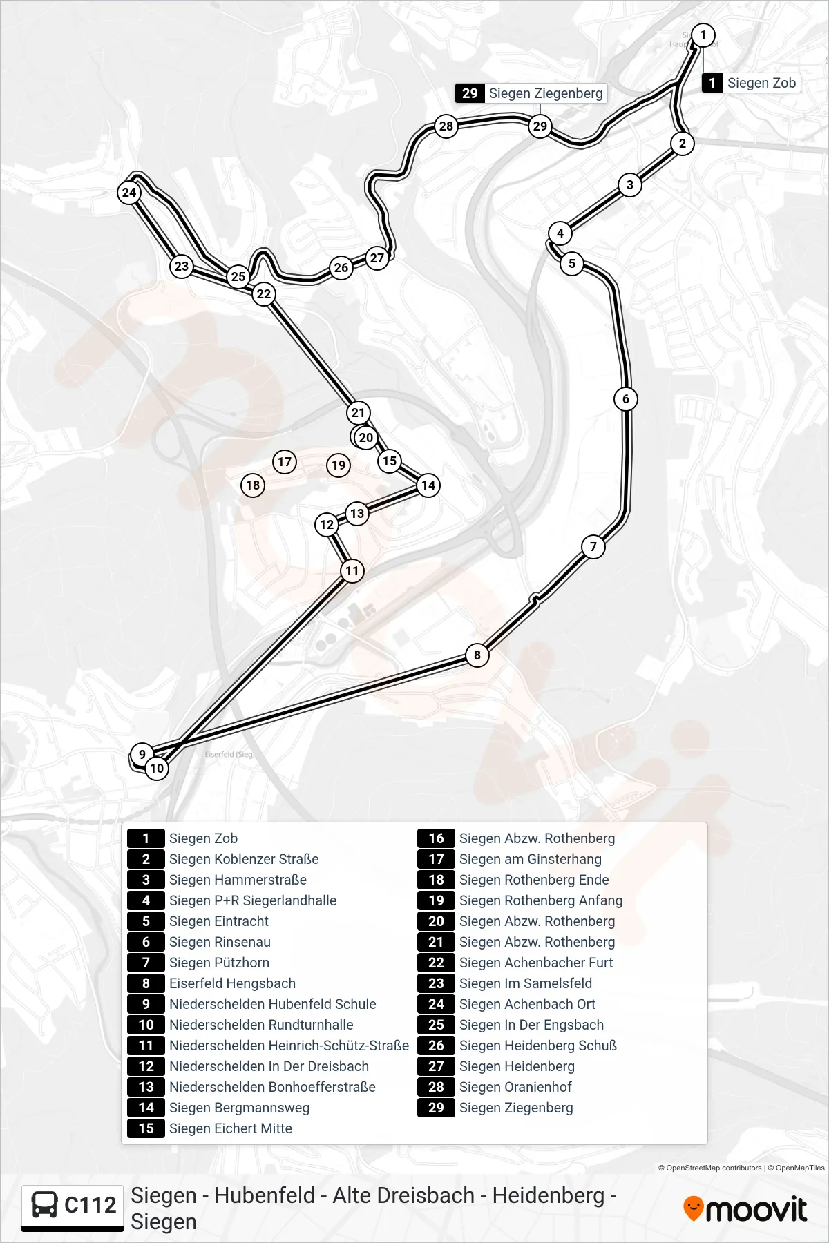 C112 bus Line (Siegen Zob Bstg E) route and stops on a map
