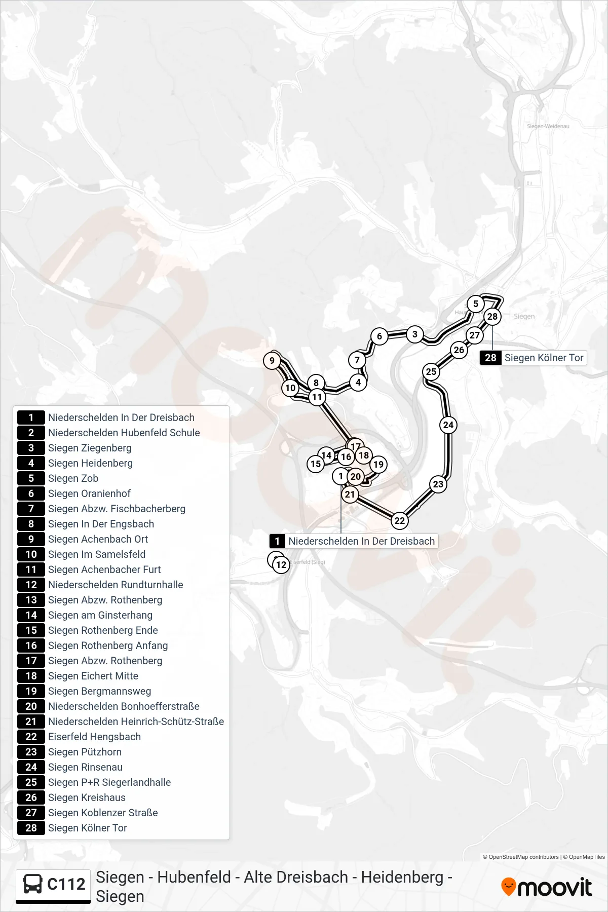 Linie C112 (Bus) Richtung Siegen Zob Bstg A: Route und Haltestellen auf der Karte