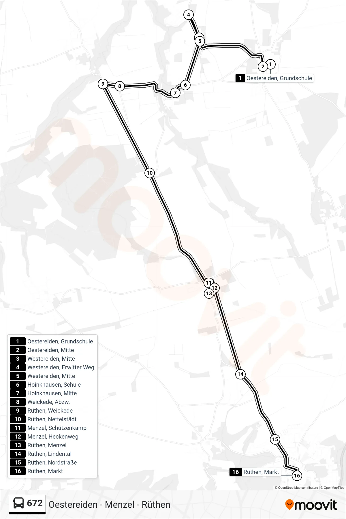 672 bus Line (Rüthen Markt) route and stops on a map