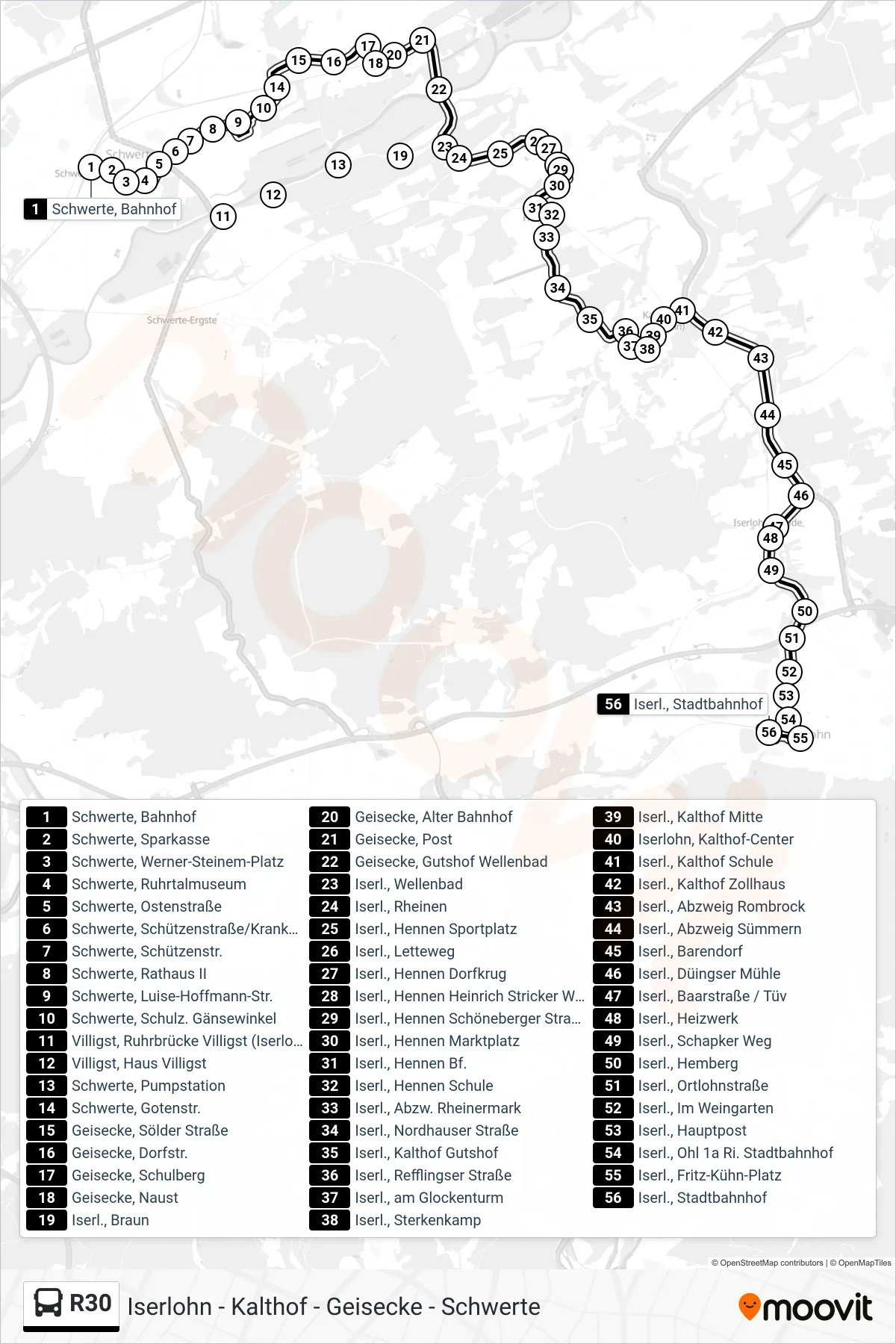 R30 bus Line (Iserlohn Bf) route and stops on a map