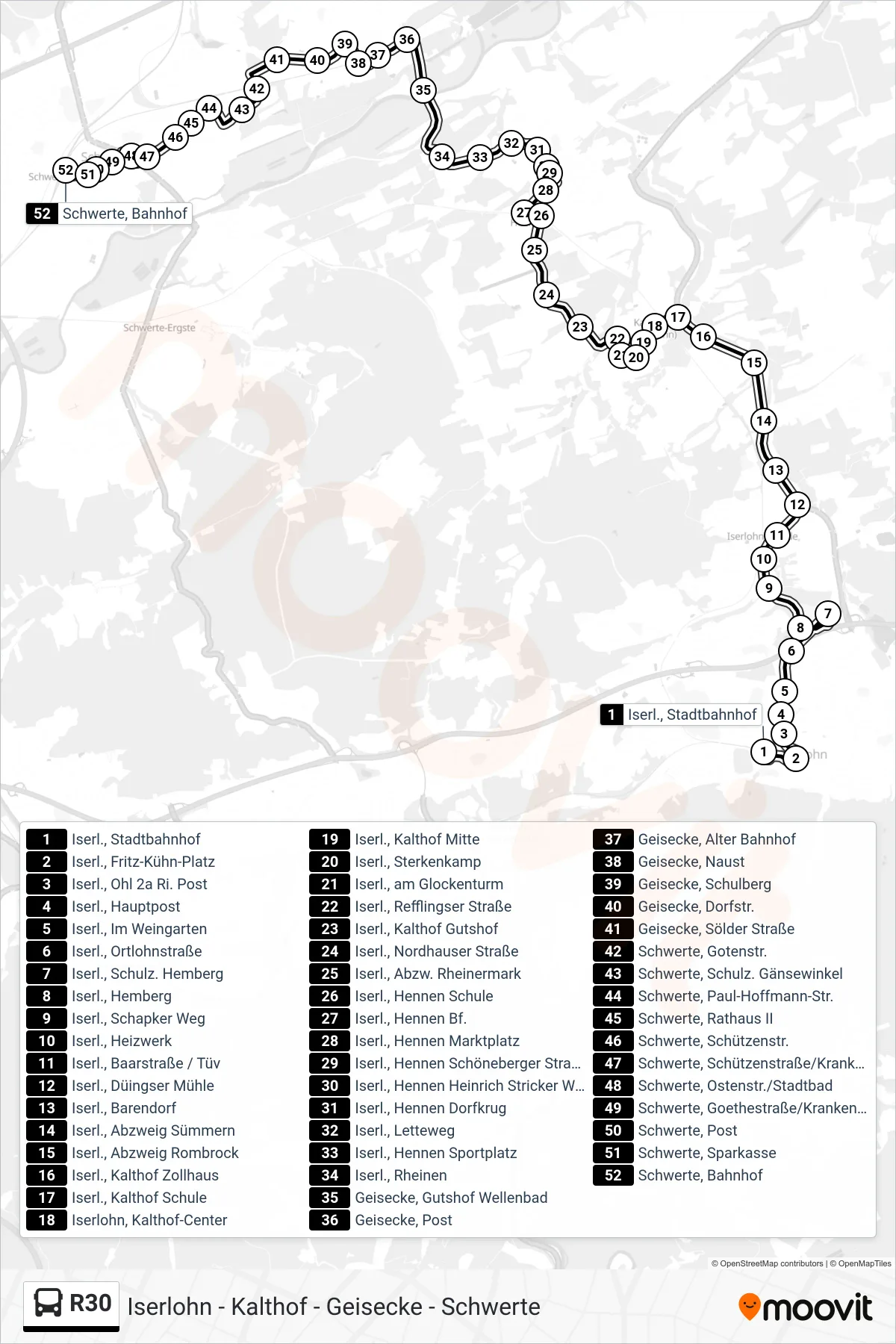 R30 bus Line (Schwerte Bf) route and stops on a map