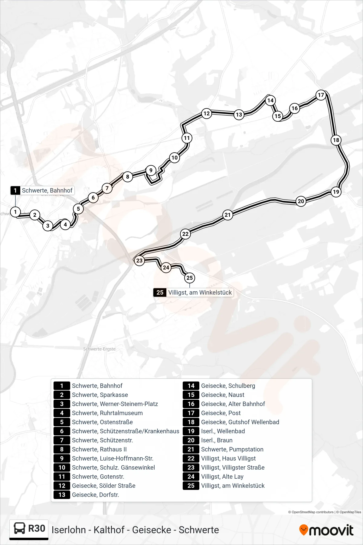 R30 bus Line (Villigst) route and stops on a map
