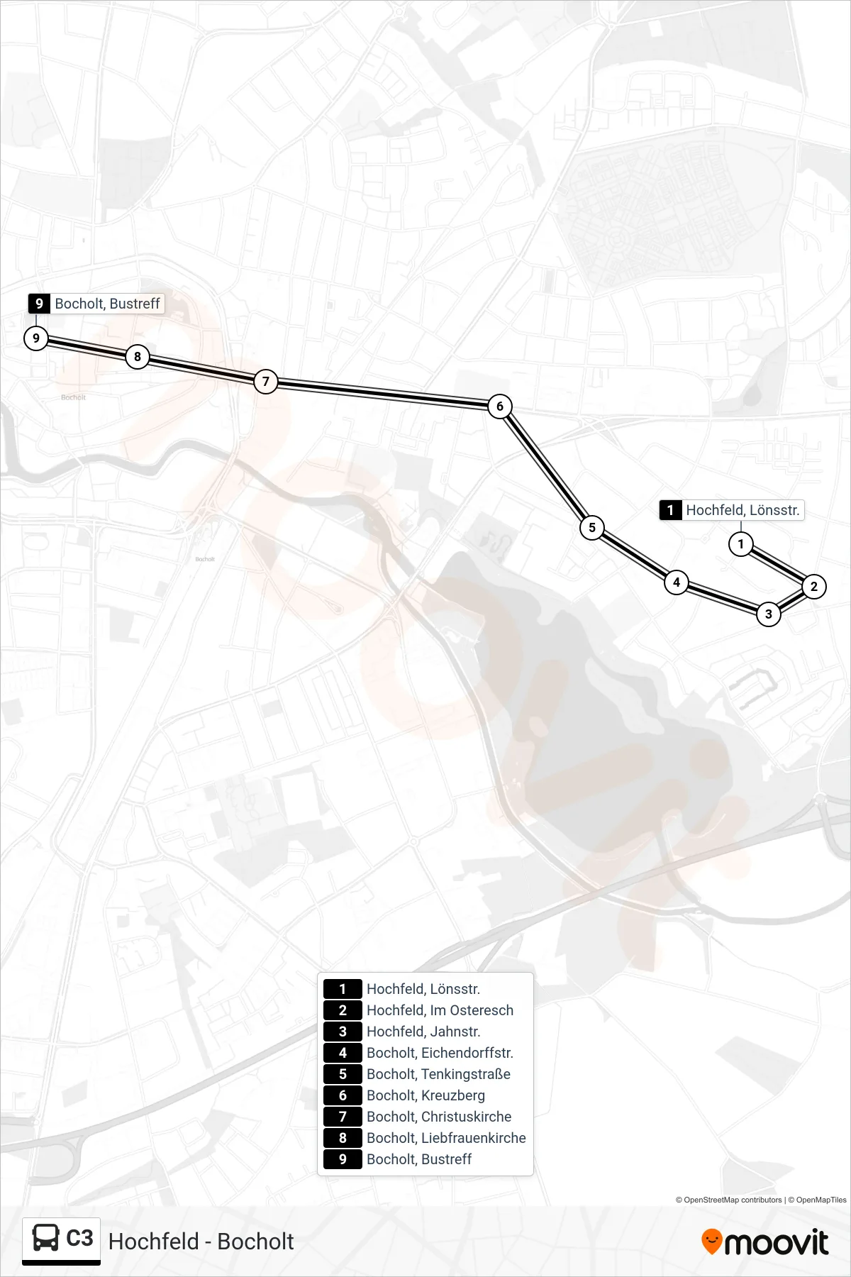 C3 tram Line (Bustreff) route and stops on a map
