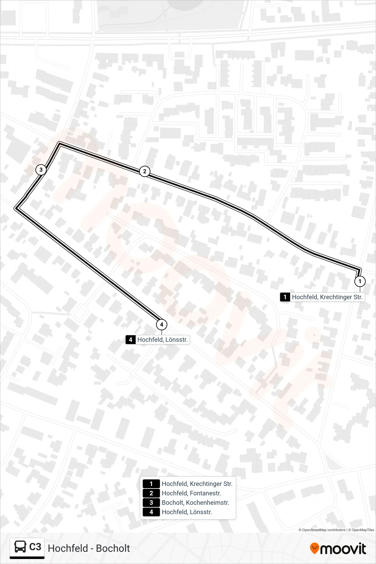C3 tram Line (Bustreff) route and stops on a map