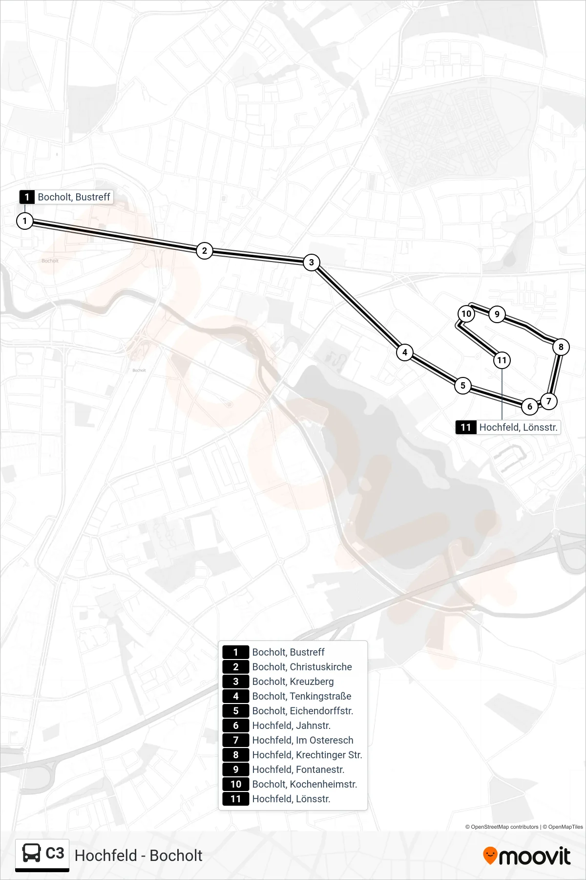 Linie C3 (Tram) Richtung Hochfeld: Route und Haltestellen auf der Karte