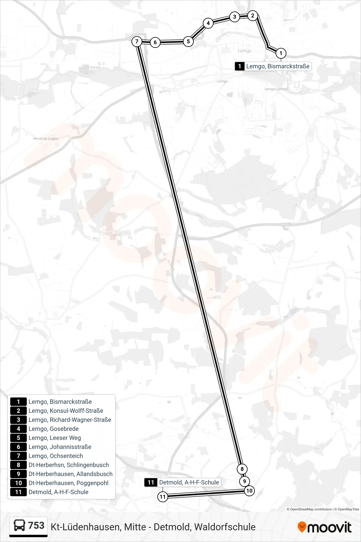 753 bus Line (Detmold, A-H-F-Schule) route and stops on a map