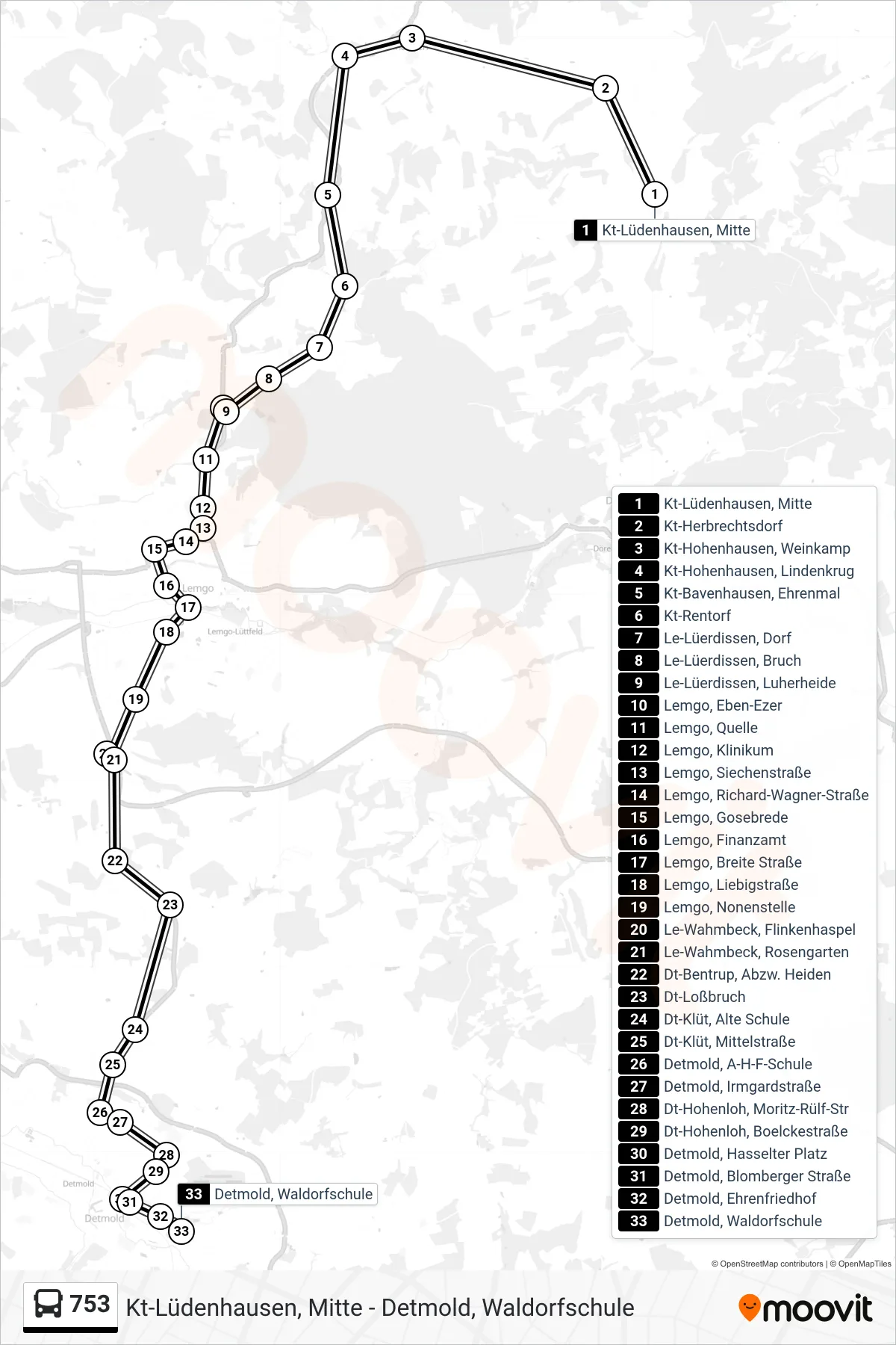 753 bus Line (Detmold, Waldorfschule) route and stops on a map