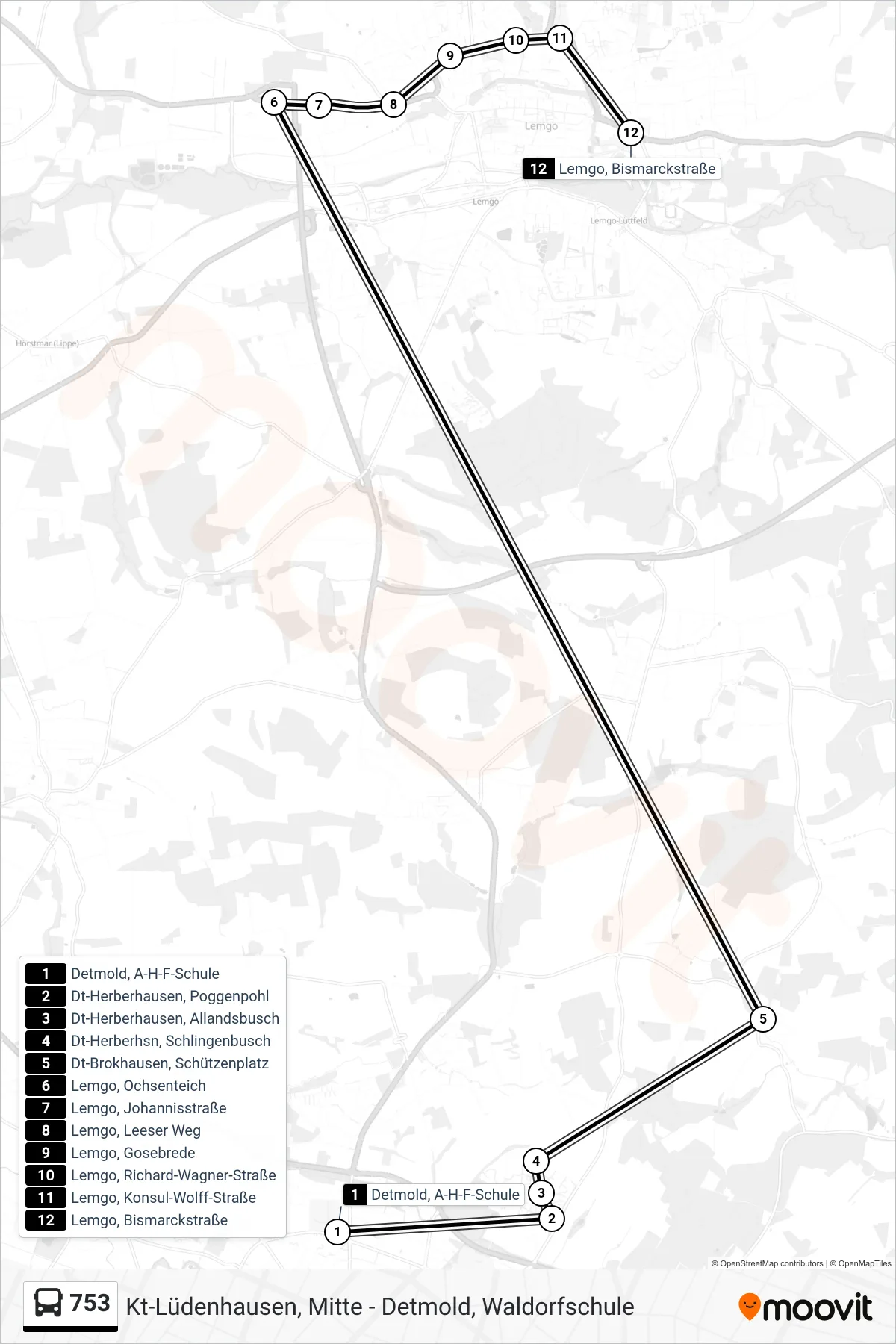 Linie 753 (Bus) Richtung Lemgo, Bismarckstraße: Route und Haltestellen auf der Karte