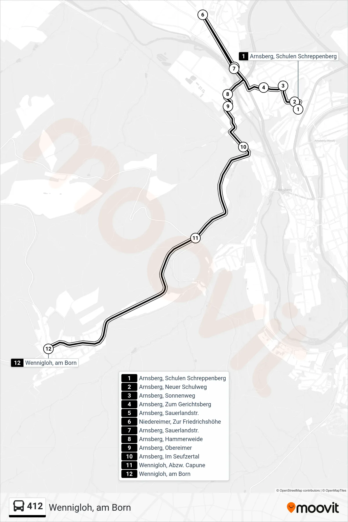 412 bus Line (Wennigloh, am Born) route and stops on a map