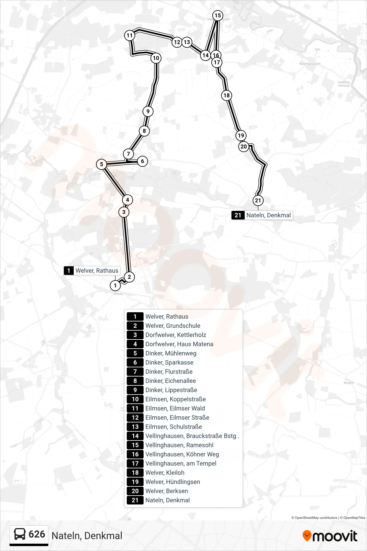 626 bus Line (Nateln, Denkmal) route and stops on a map