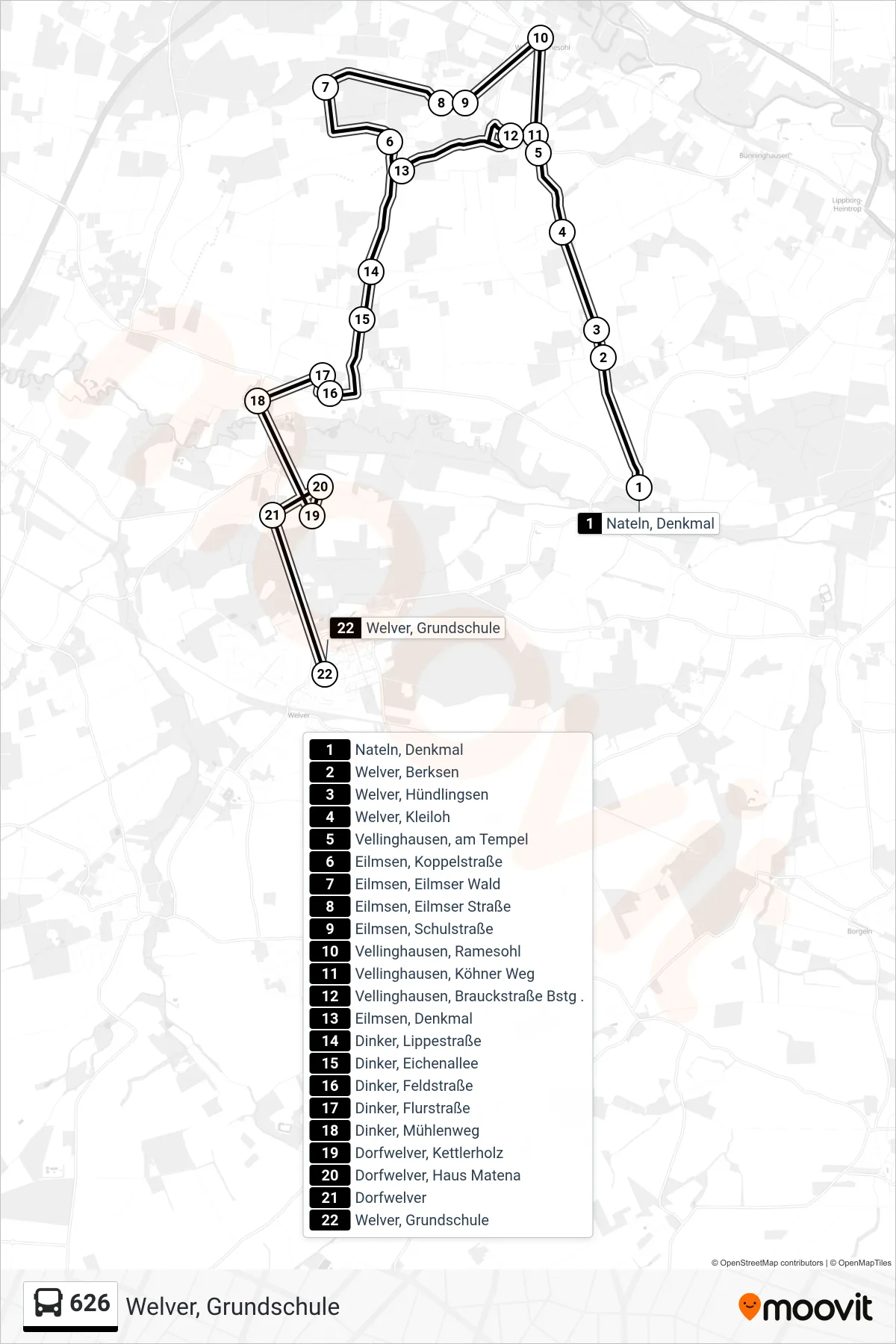 626 bus Line (Welver, Grundschule) route and stops on a map