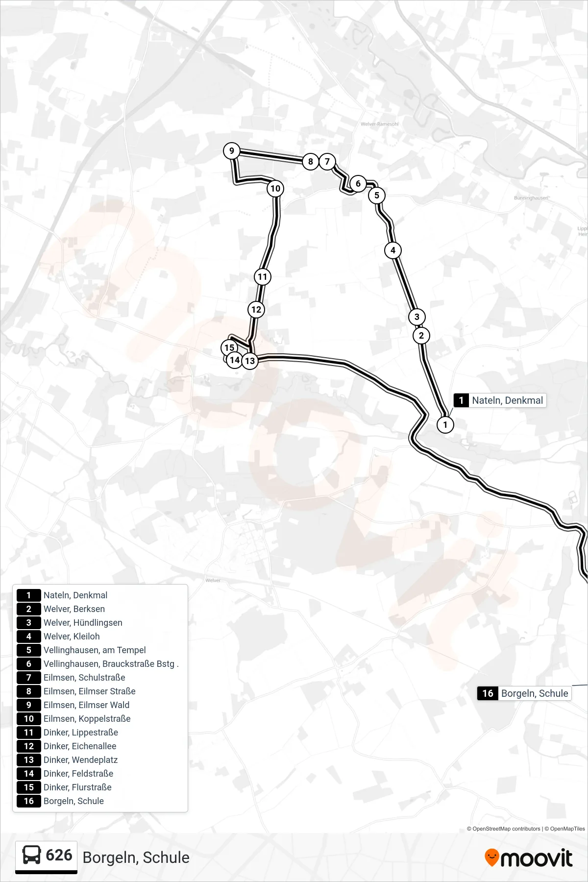 626 bus Line (Borgeln, Schule) route and stops on a map