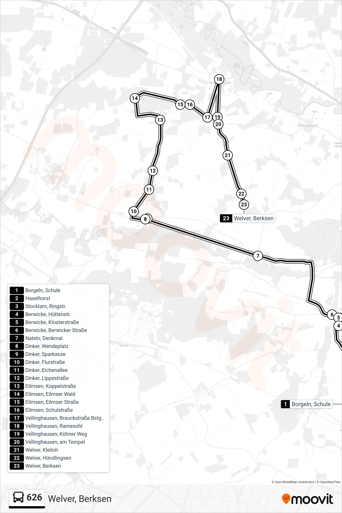 626 bus Line (Welver, Berksen) route and stops on a map