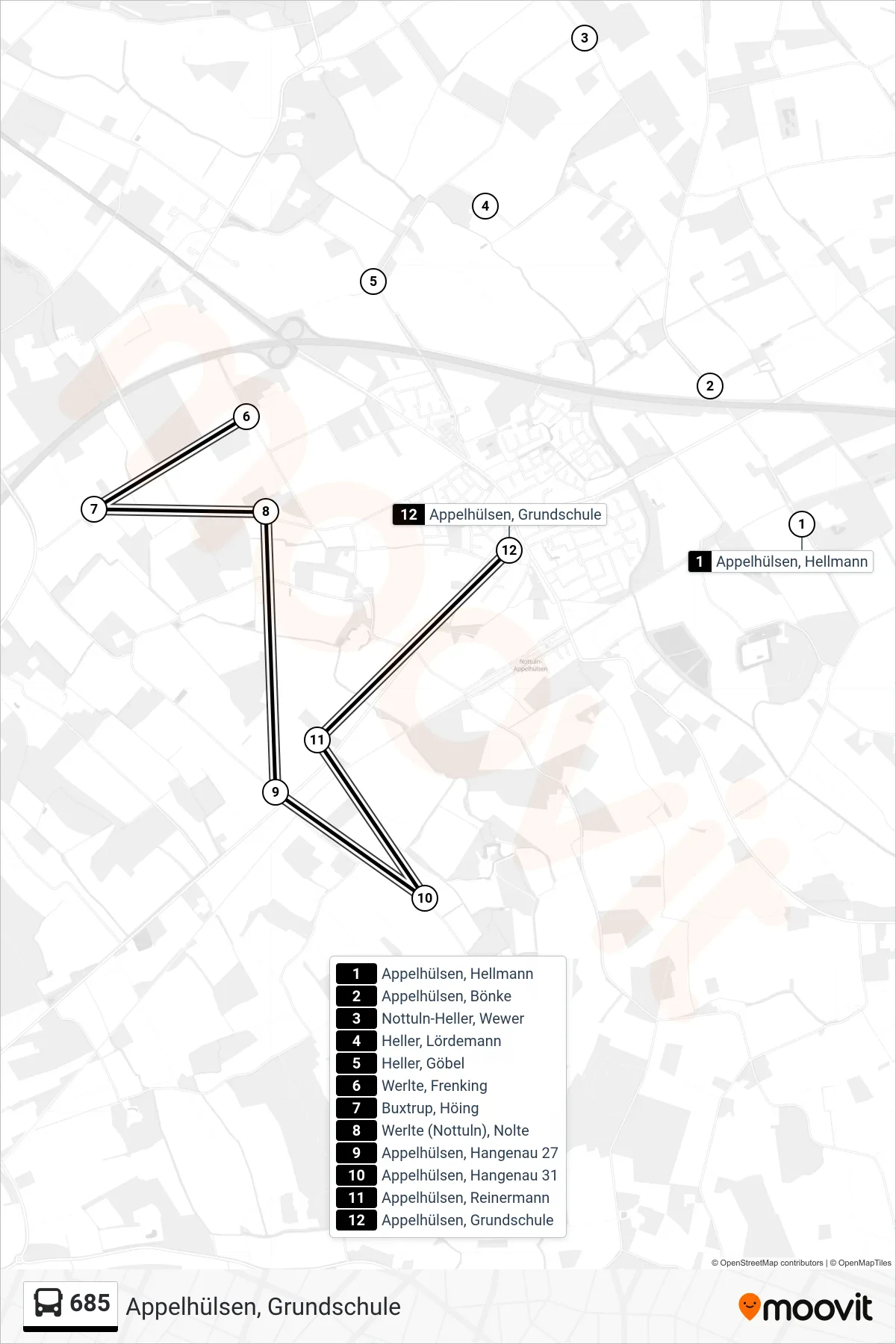 685 bus Line (Appelhülsen, Grundschule) route and stops on a map