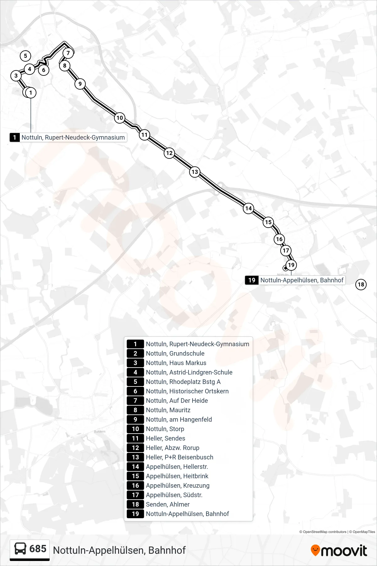 685 bus Line (Nottuln-Appelhülsen, Bahnhof) route and stops on a map