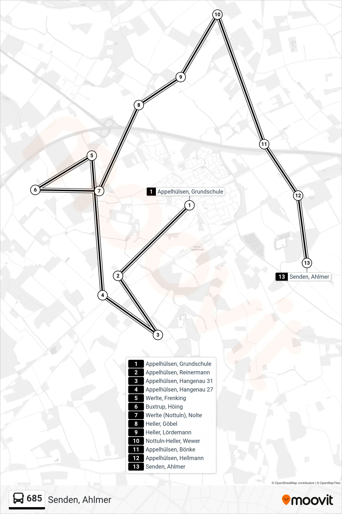685 bus Line (Senden, Ahlmer) route and stops on a map