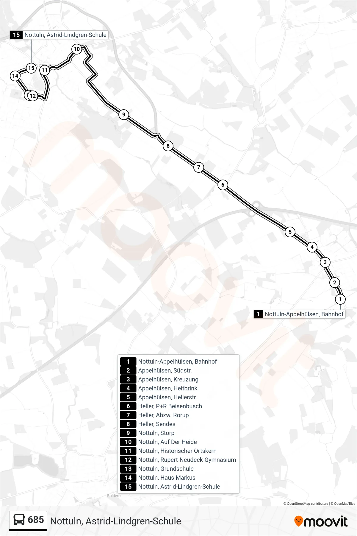 Linie 685 (Bus) Richtung Nottuln, Astrid-Lindgren-Schule: Route und Haltestellen auf der Karte