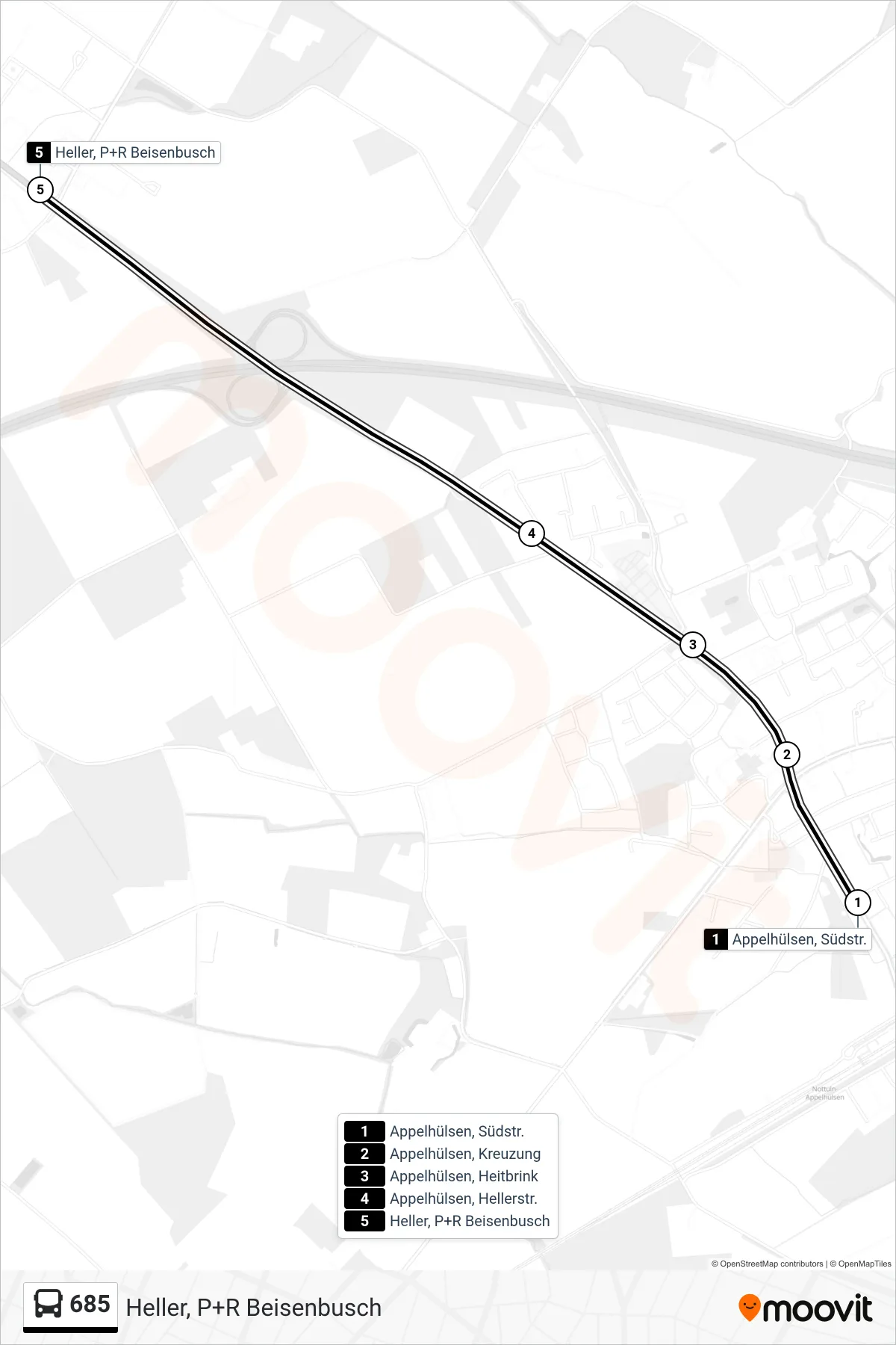 685 bus Line (Heller, P+R Beisenbusch) route and stops on a map