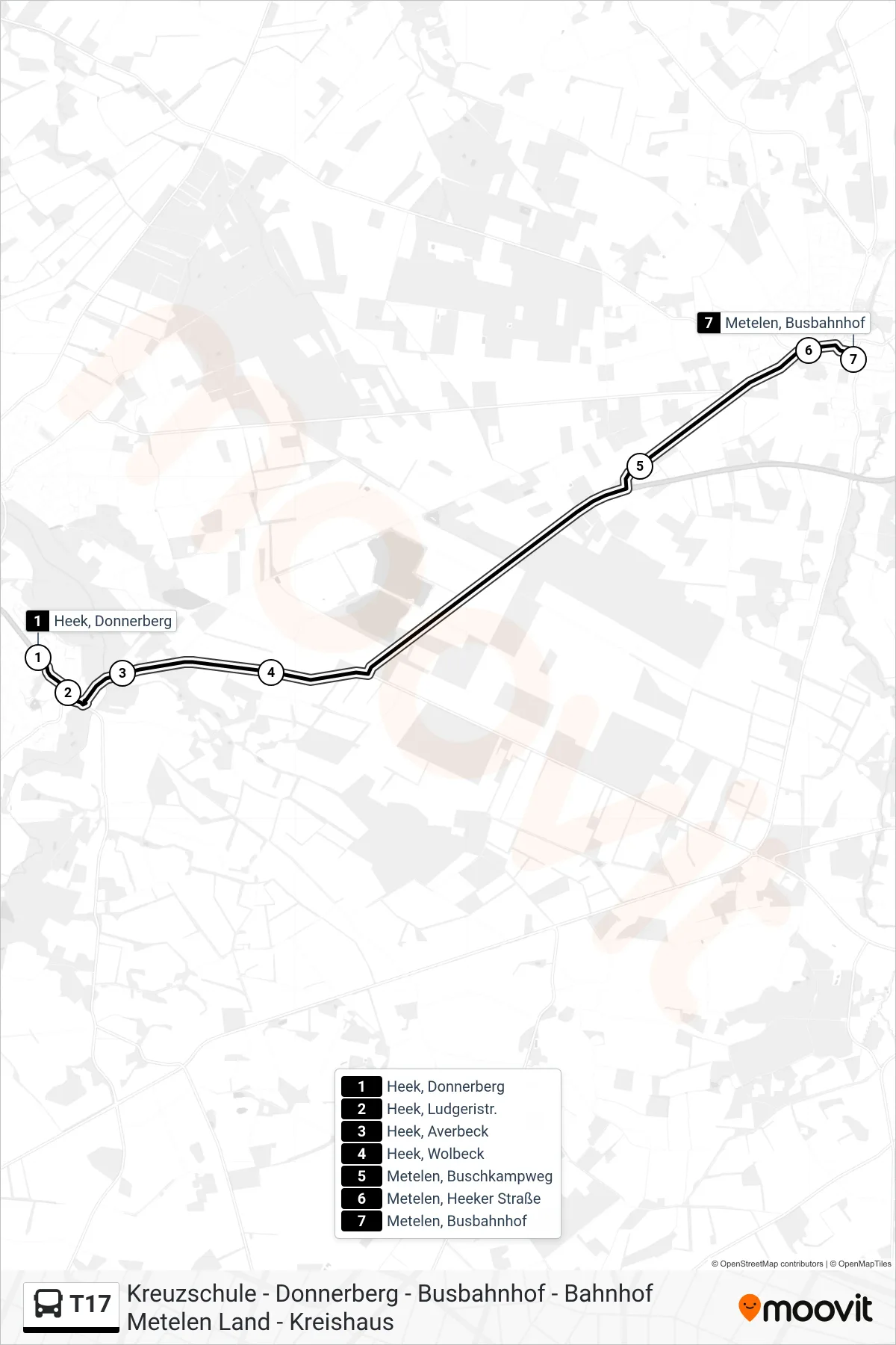 T17 bus Line (Metelen, Busbahnhof) route and stops on a map