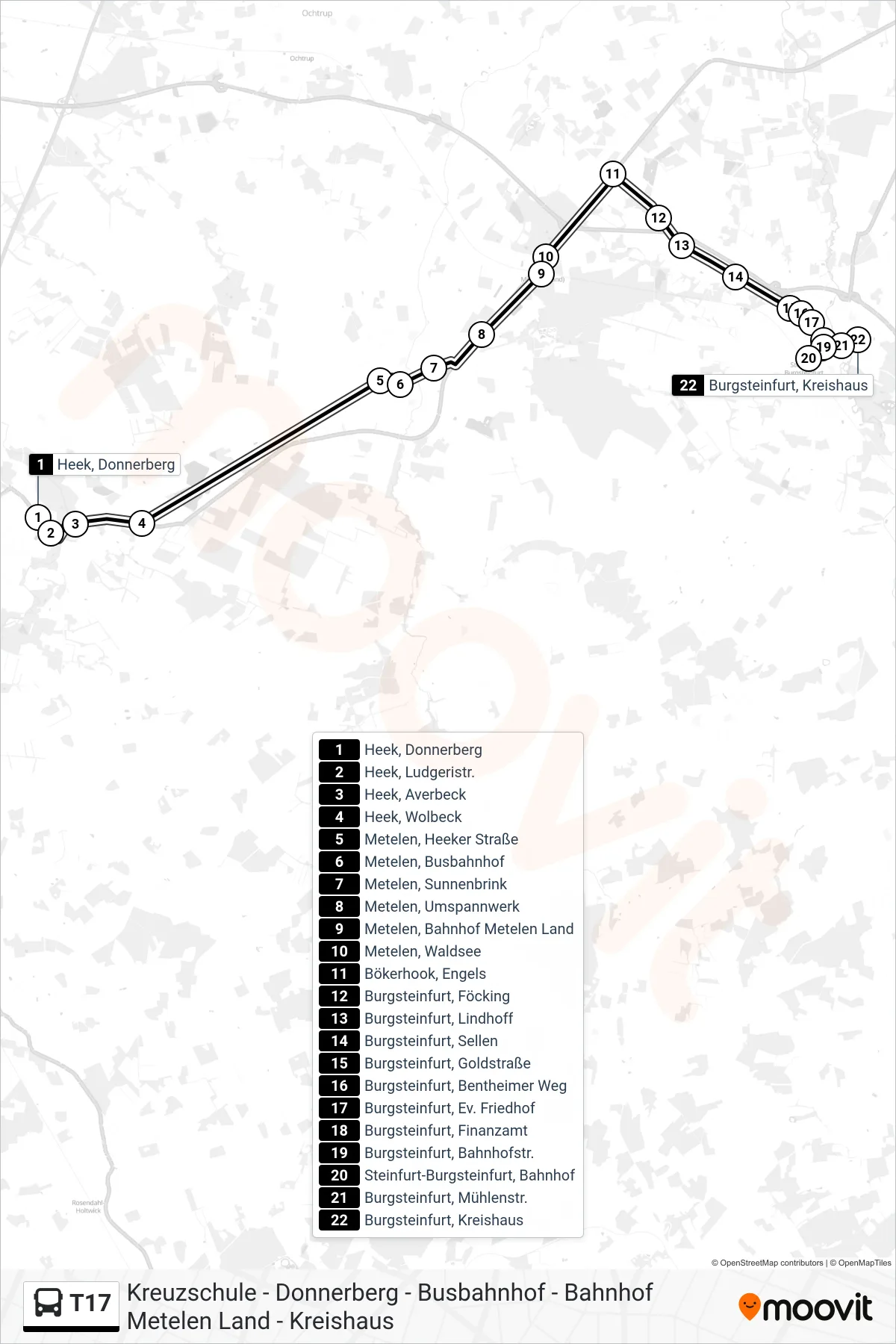 T17 bus Line (Burgsteinfurt, Kreishaus) route and stops on a map