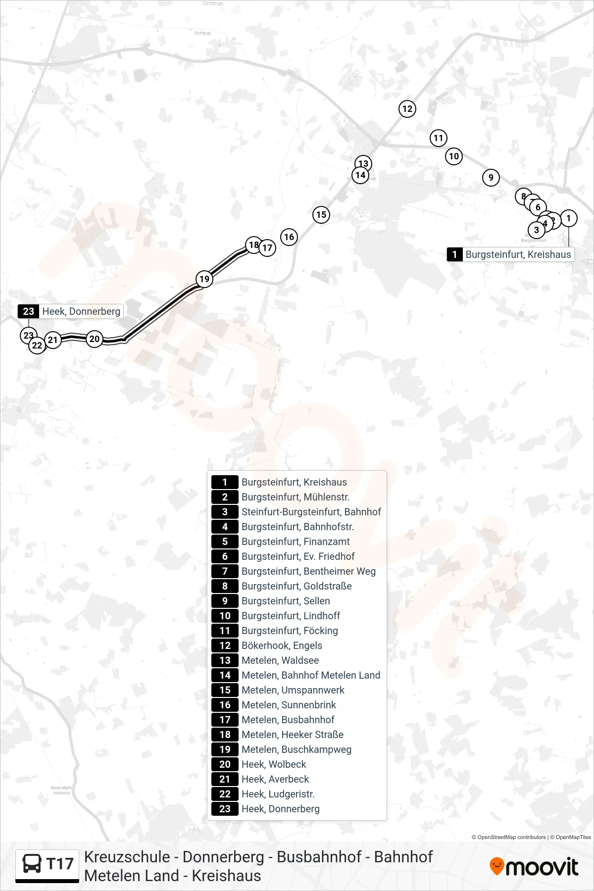 T17 bus Line (Heek, Donnerberg) route and stops on a map