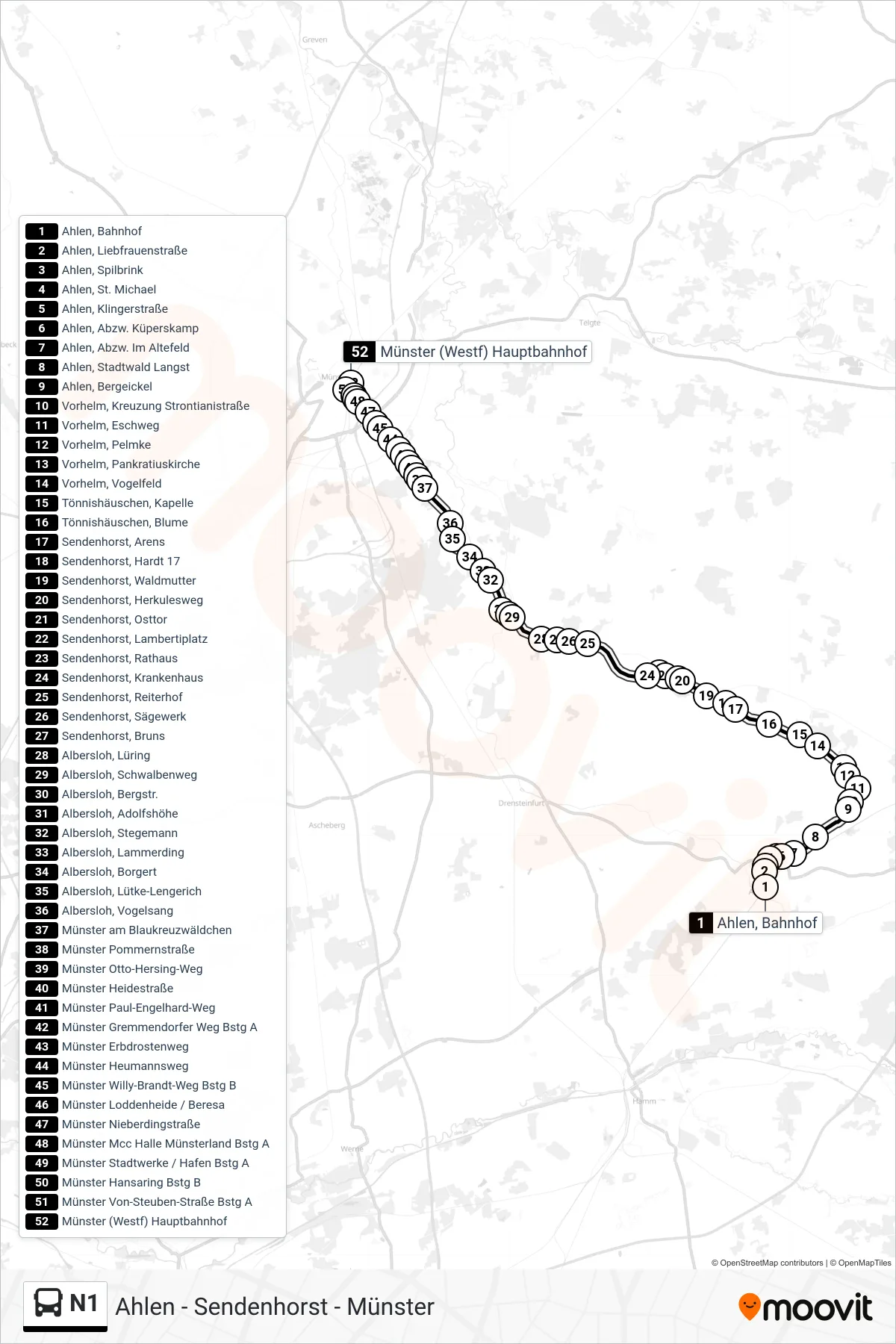 N1 bus Line (Münster (Westf) Hauptbahnhof Bstg A) route and stops on a map