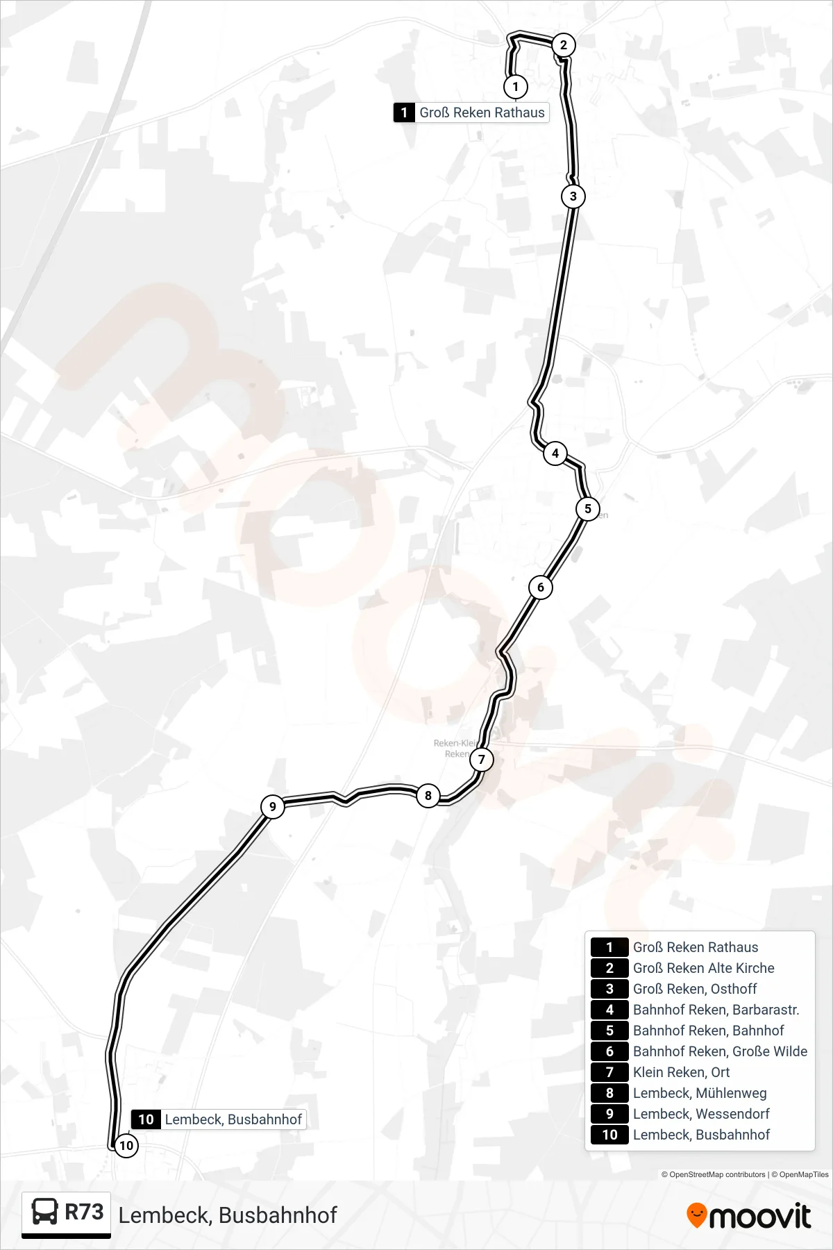 R73 bus Line (Lembeck, Busbahnhof) route and stops on a map