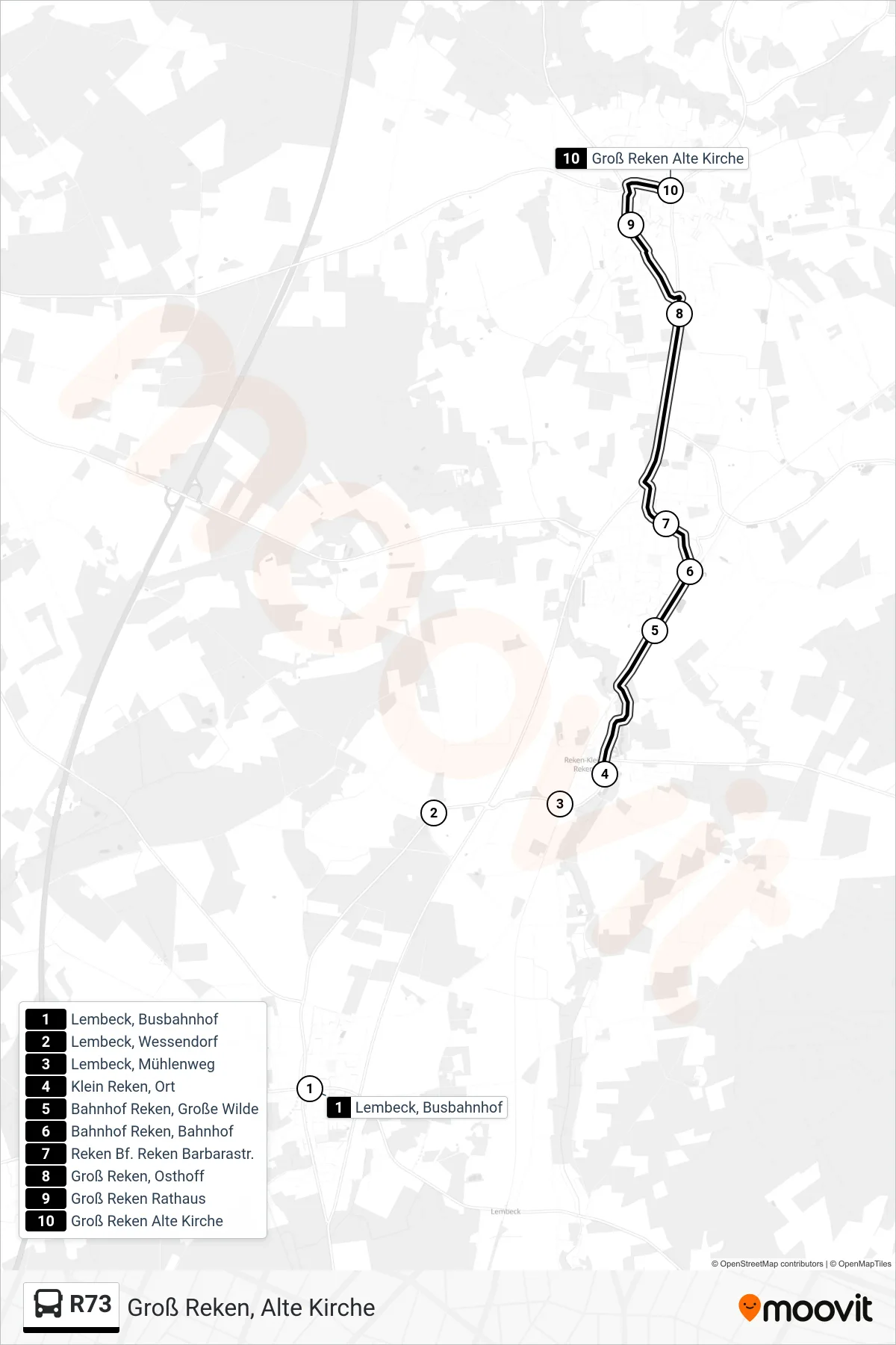 R73 bus Line (Groß Reken, Alte Kirche) route and stops on a map