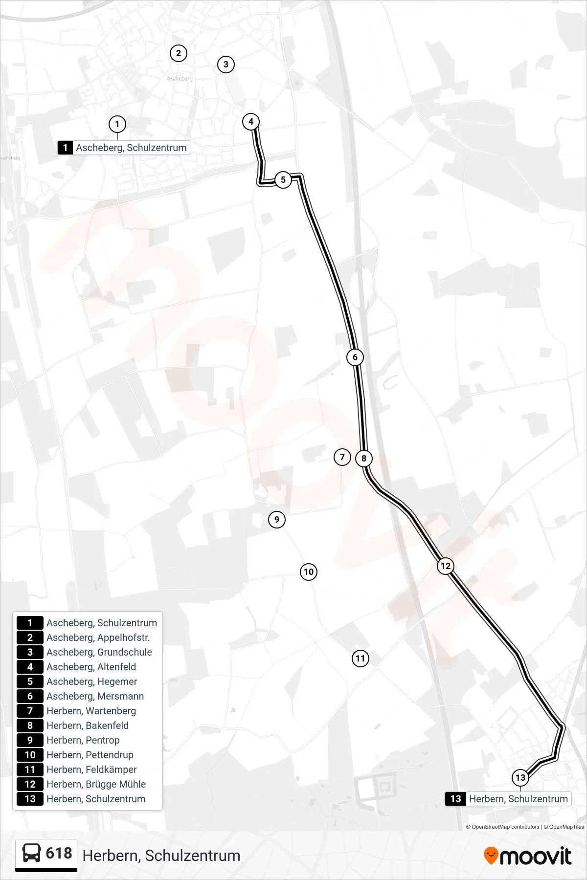 618 bus Line (Herbern, Schulzentrum) route and stops on a map