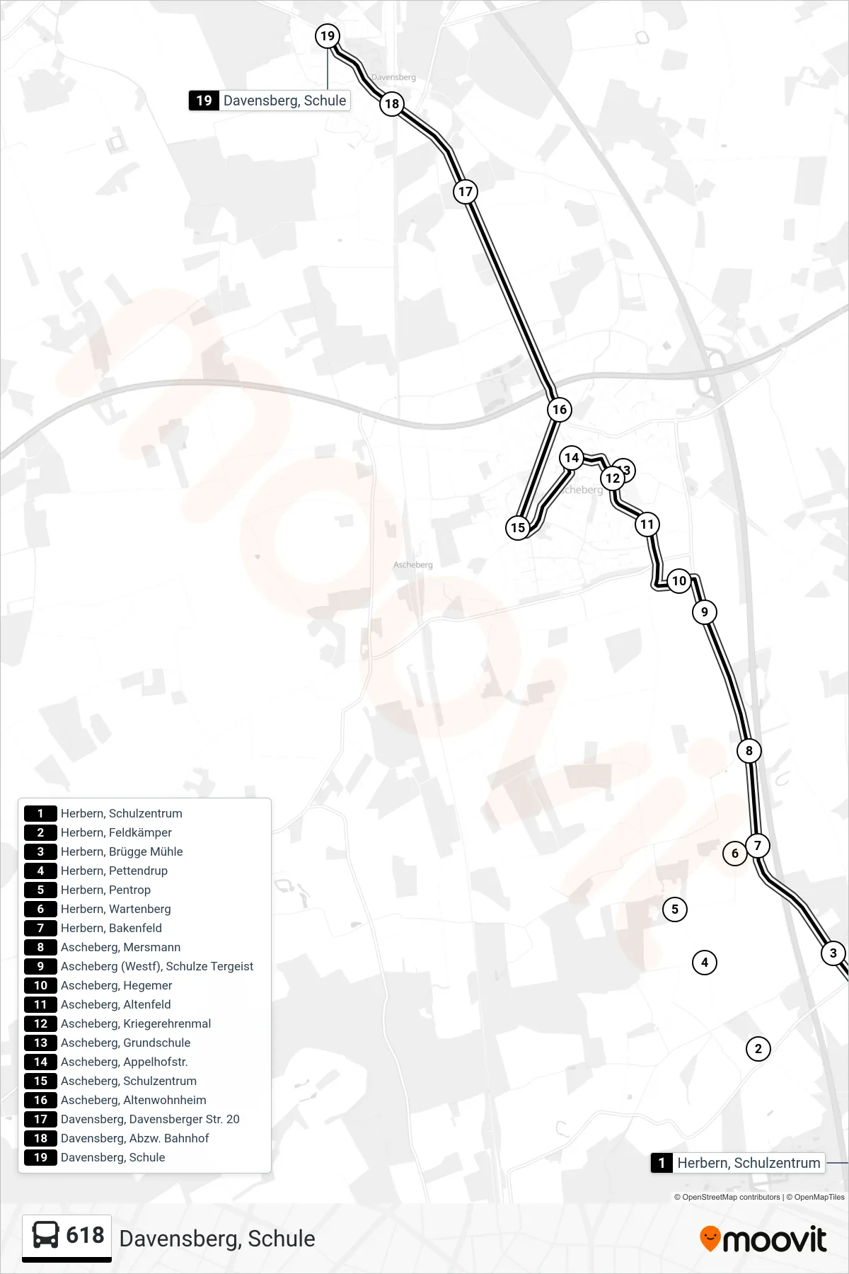 Linie 618 (Bus) Richtung Davensberg, Schule: Route und Haltestellen auf der Karte