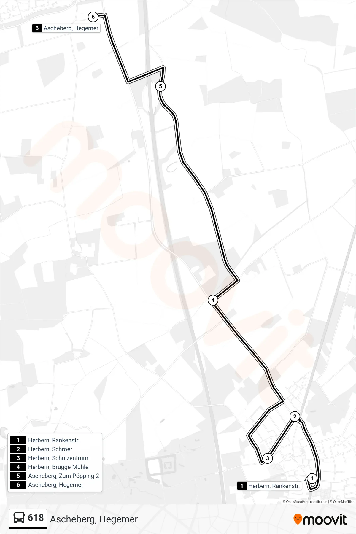 618 bus Line (Ascheberg, Hegemer) route and stops on a map