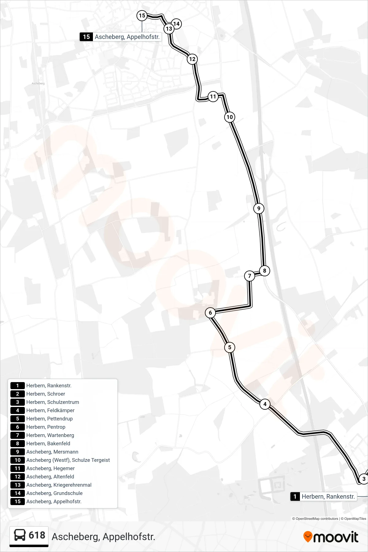 618 bus Line (Ascheberg, Appelhofstr.) route and stops on a map