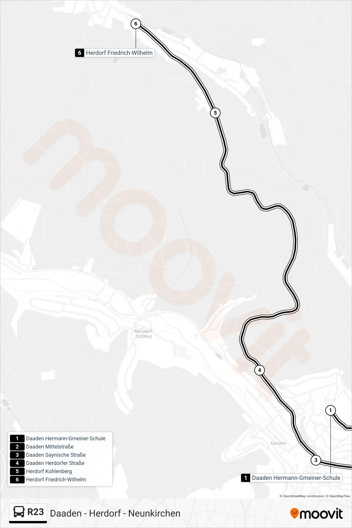 R23 bus Line (Herdorf Friedrich-Wilhelm) route and stops on a map