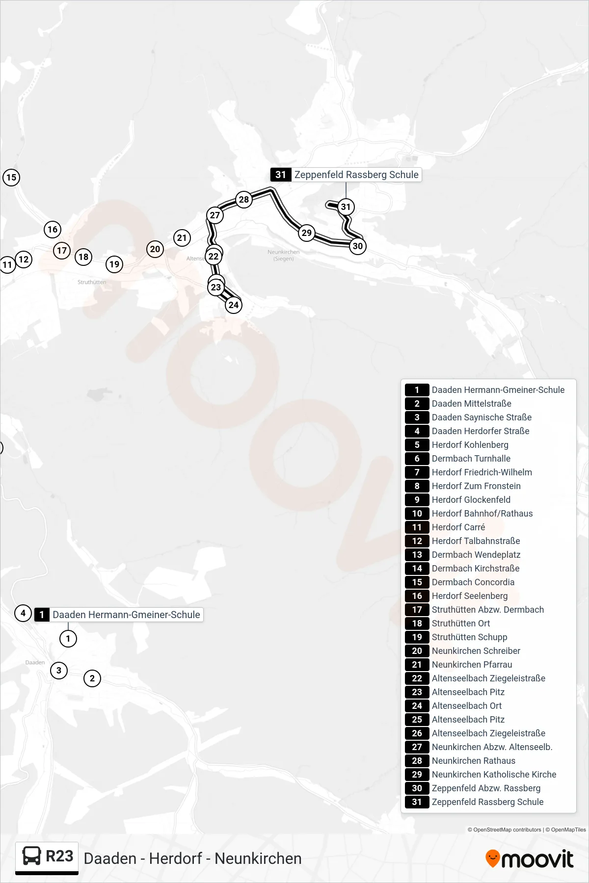 R23 bus Line (Zeppenfeld Rassberg Schule) route and stops on a map