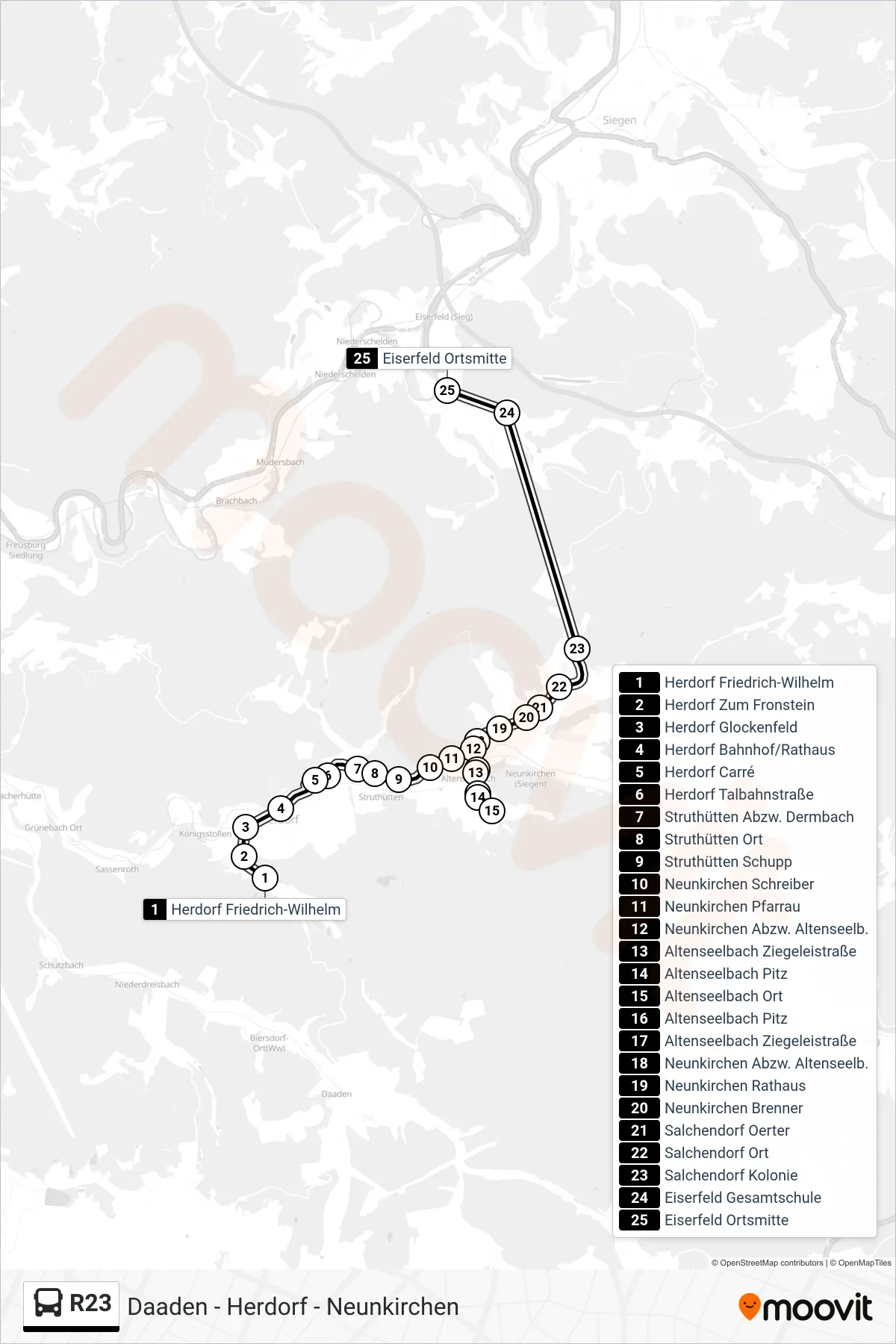 R23 bus Line (Eiserfeld Ortsmitte) route and stops on a map