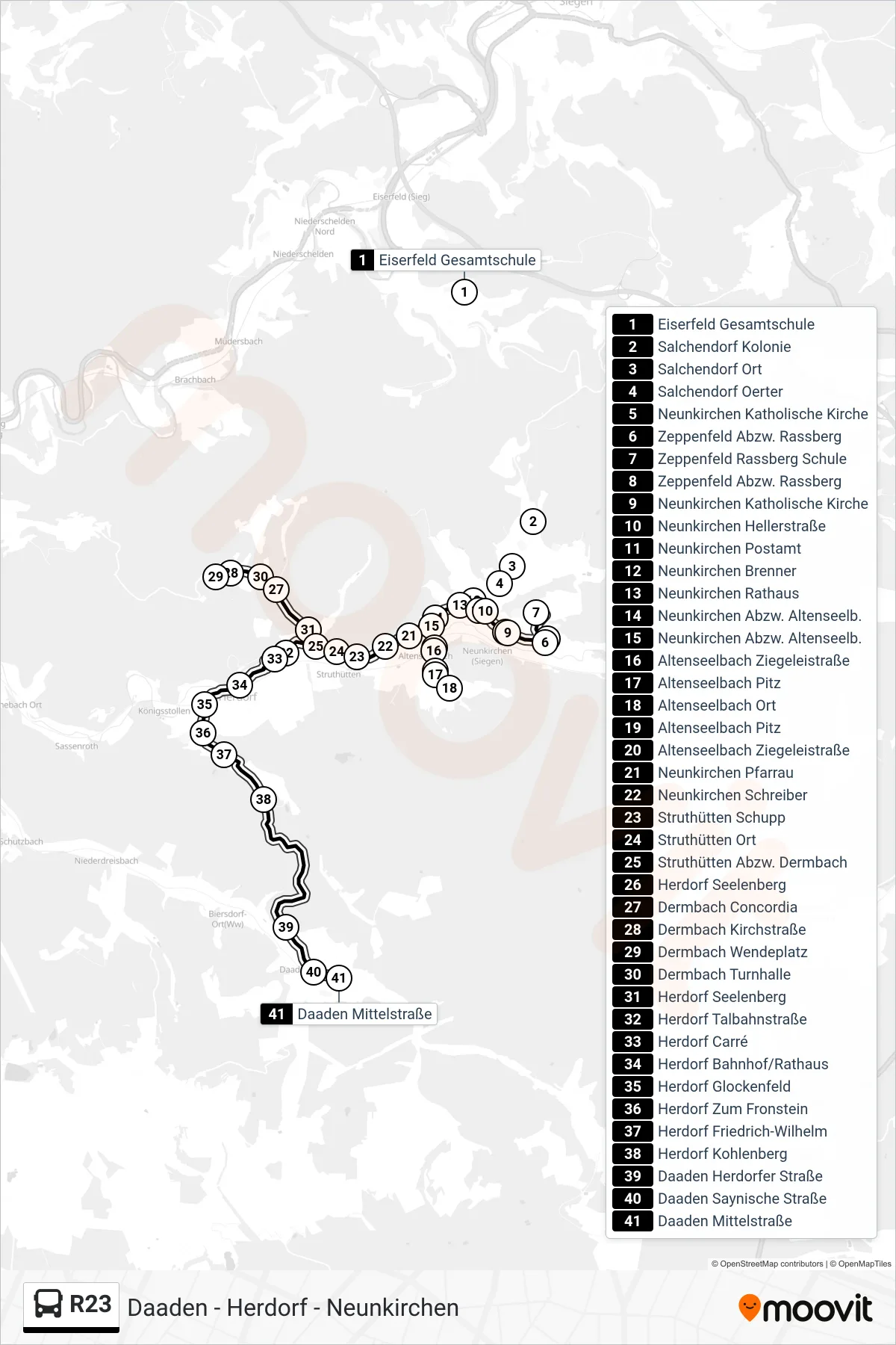 Linie R23 (Bus) Richtung Daaden Mittelstraße: Route und Haltestellen auf der Karte