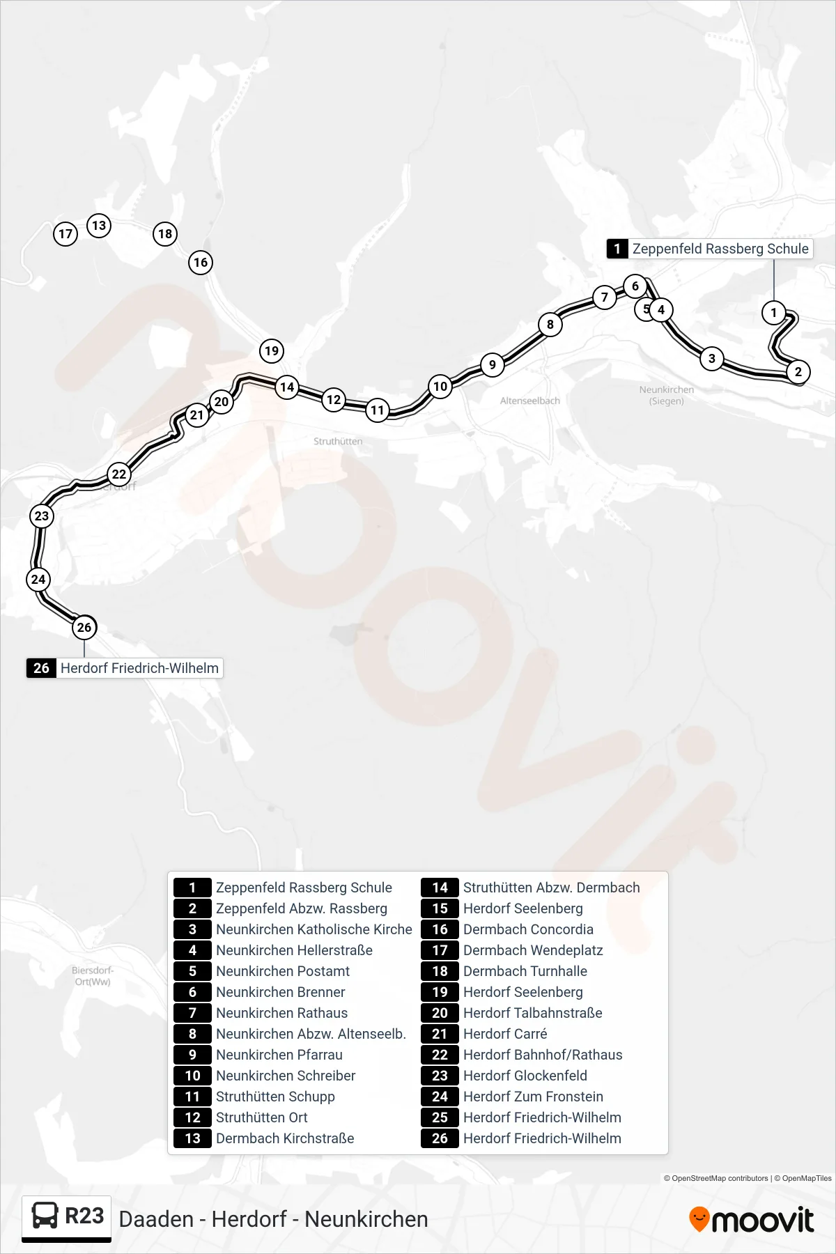 R23 bus Line (Herdorf Friedrich-Wilhelm) route and stops on a map