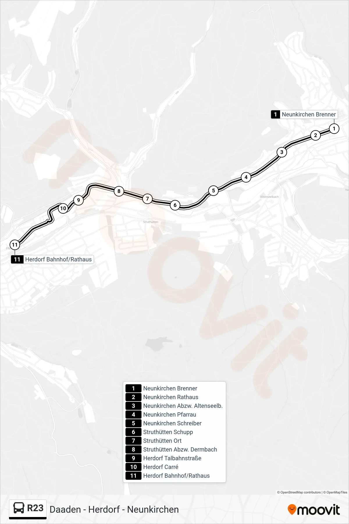 R23 bus Line (Herdorf Bahnhof/Rathaus) route and stops on a map