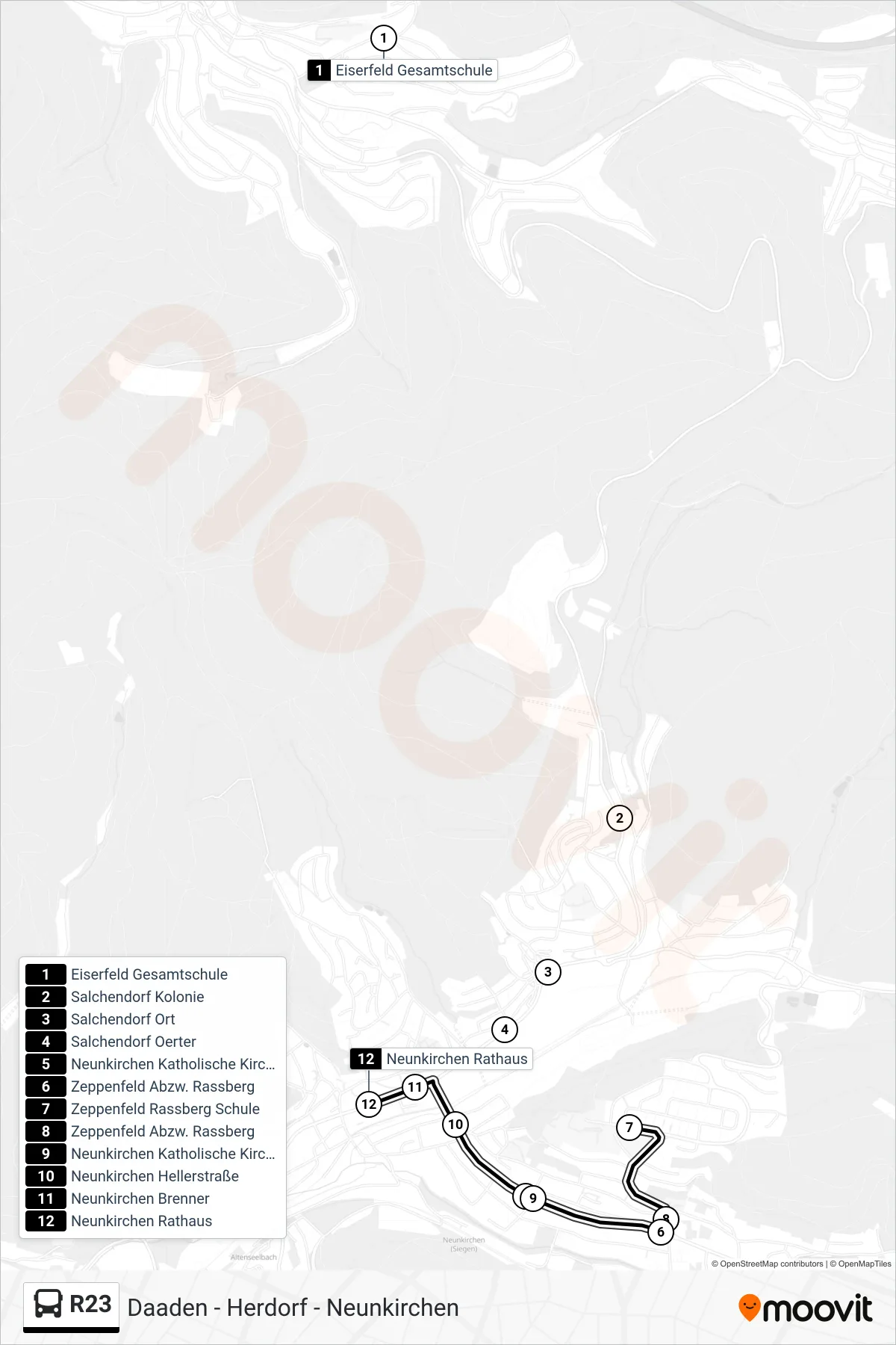 R23 bus Line (Neunkirchen Rathaus) route and stops on a map