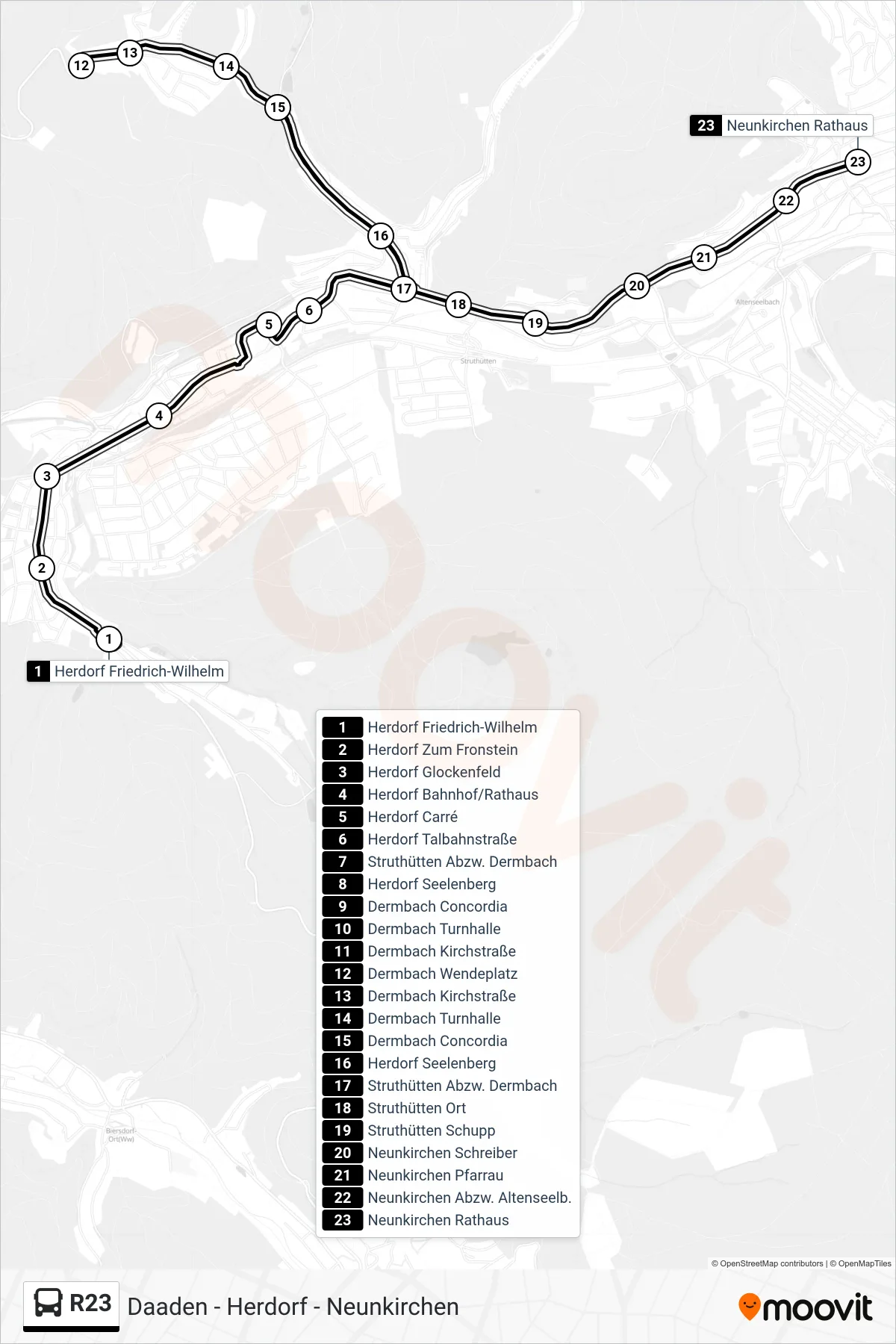 R23 bus Line (Neunkirchen Rathaus) route and stops on a map