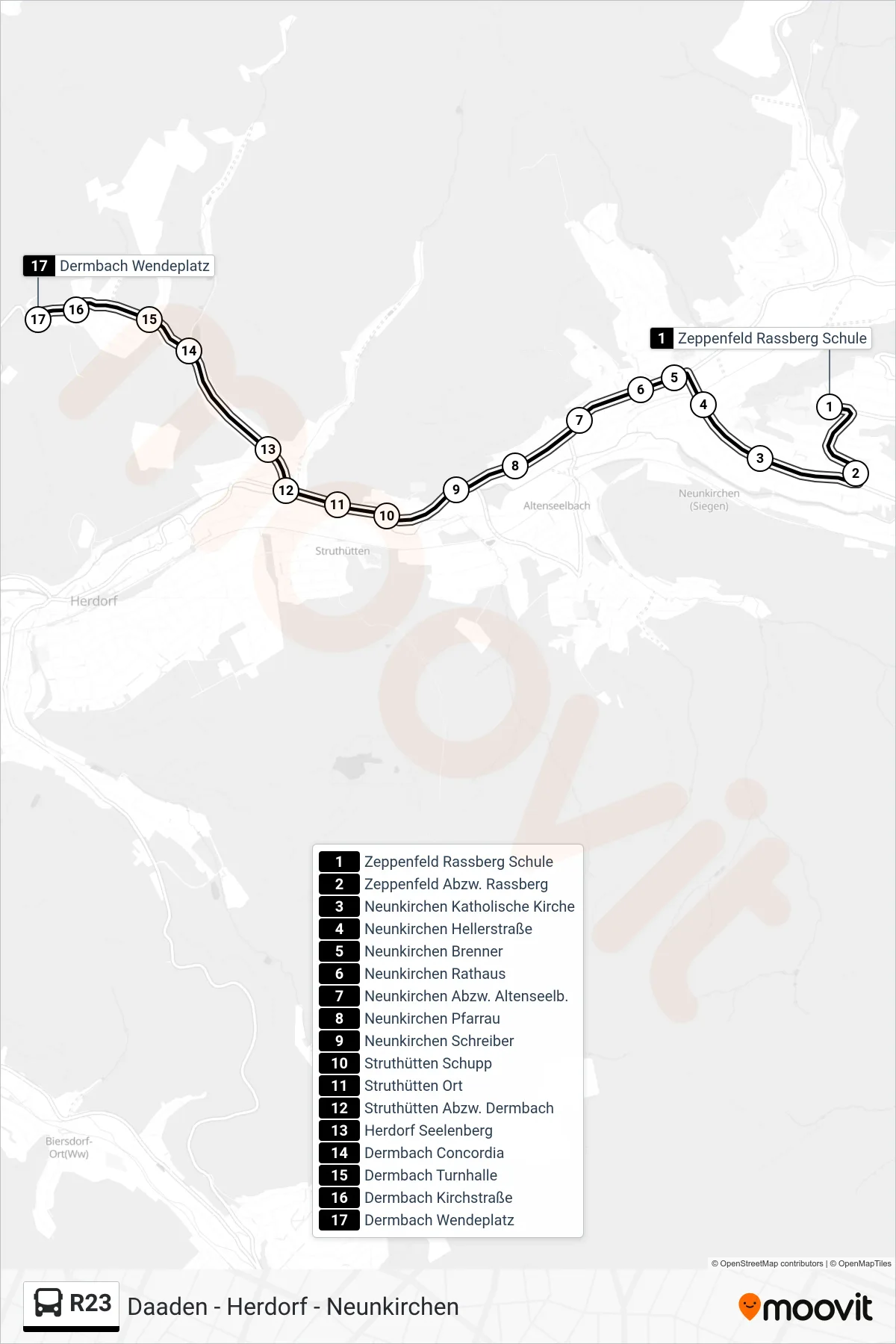R23 bus Line (Dermbach Wendeplatz) route and stops on a map